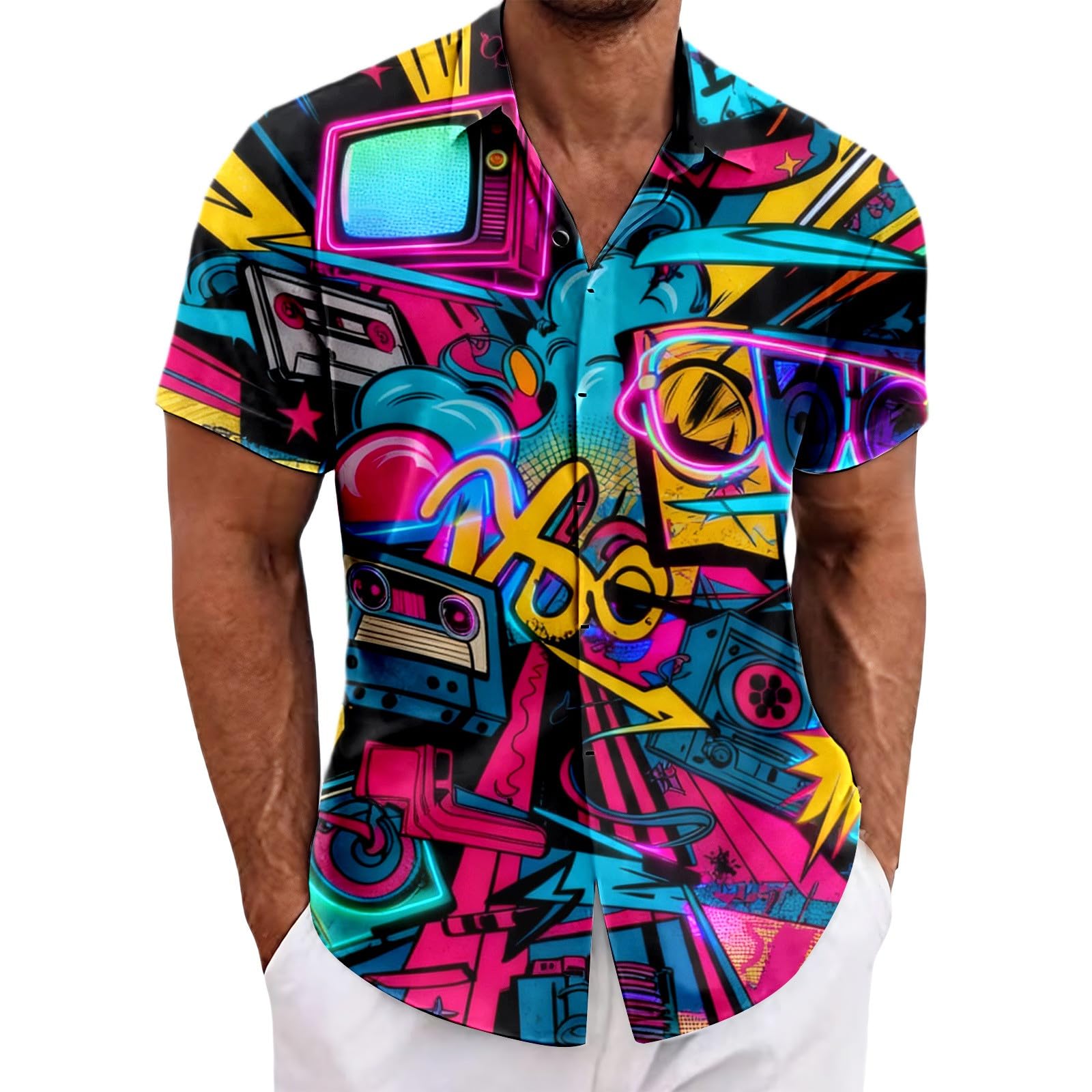 RUMAOZIA Men's Hawaiian Shirt 80s 90s Style Short Sleeve Carnival Fancy Dress Outfit 80s Shirts 90s Button Up Shirt Retro Hawaiian Beach Shirt Neon Disco Funny Party Shirts Colourful Vintage Shirts โ image 1