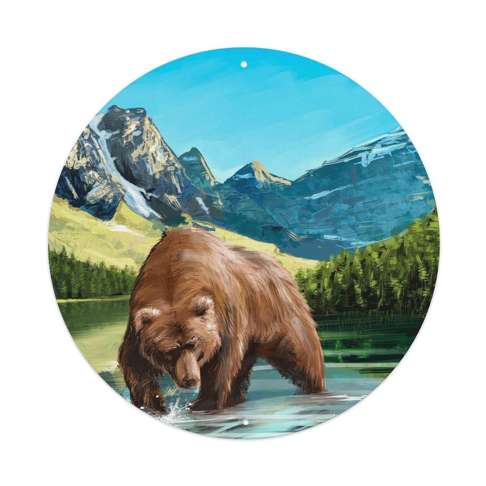 Animals Artwork Grizzly Bear Fishing Vintage Metal Tin Sign Plaque Wall Decor for Cafe, Club Bar, Office, Garden Metal Poster 8x8Inch