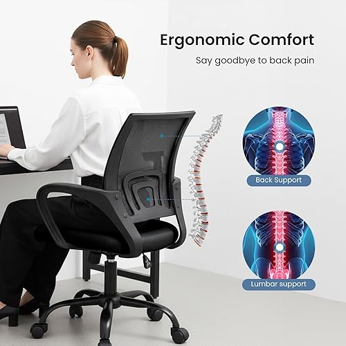 Miniatura 5 de DUMOS Silla de escritorio de oficina ergonómica con soporte lumbar y modo mecedor, altura ajustable con reposabrazos fijo, respaldo de