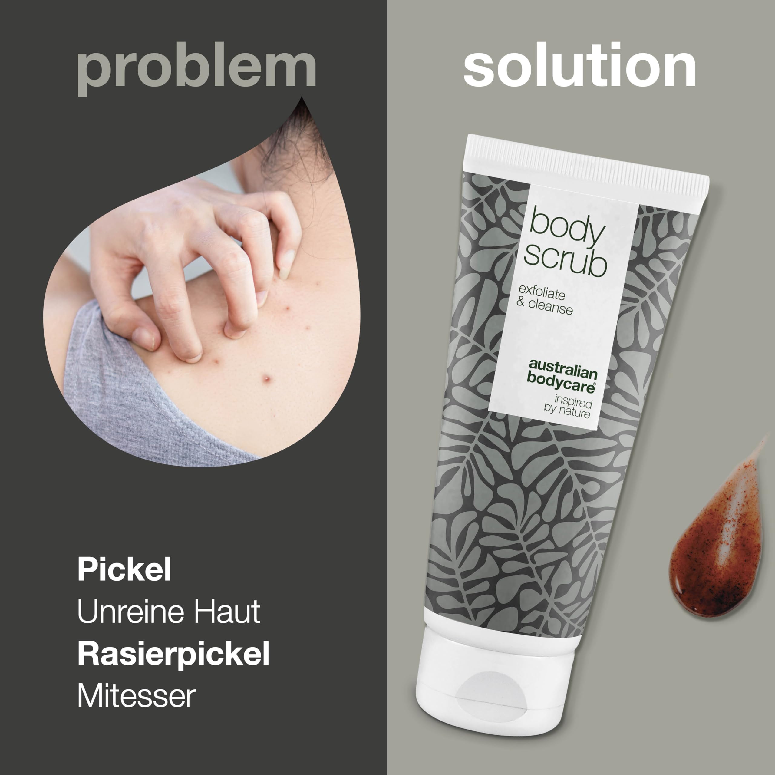 3x Körperpeeling 200ml mit Teebaumöl | Gegen Pickel, unreine Haut, eingewachsene Haare, Reibeisenhaut und Erdbeerbeine | 100% natürlich und vegan | Dermatologisch getestet