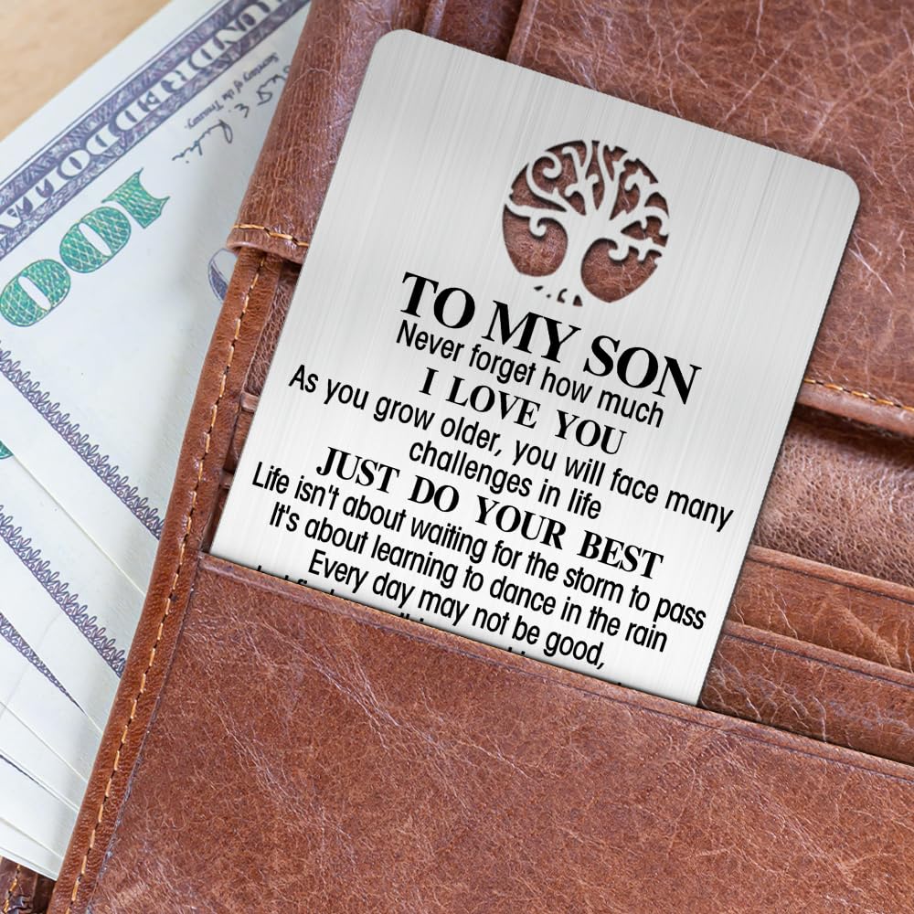 Tarjeta de cartera con texto en inglés "To My Son", tarjeta de inserción de metal grabada, nota de amor de papá, regalos para hijo con cita inspiradora, llegada a la mayoría de edad, regreso a