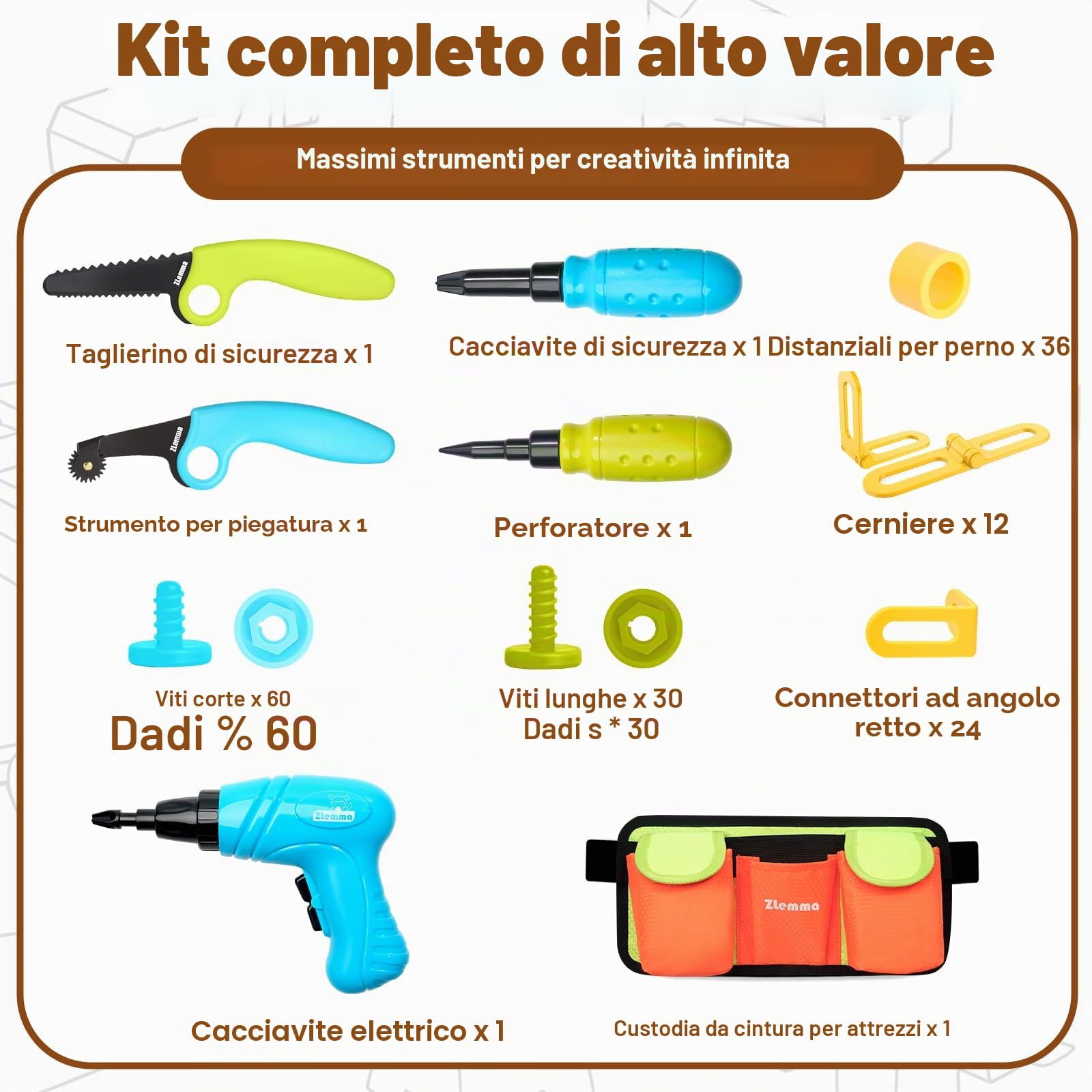 Kit di Attrezzi in Cartone per Bambini, 258 Pezzi, Cassetta degli Attrezzi in Cartone, con Trapano, Sega di Sicurezza, marcatore, Cerniere e bullone, Marsupio Portatile, Scatola Regalo per