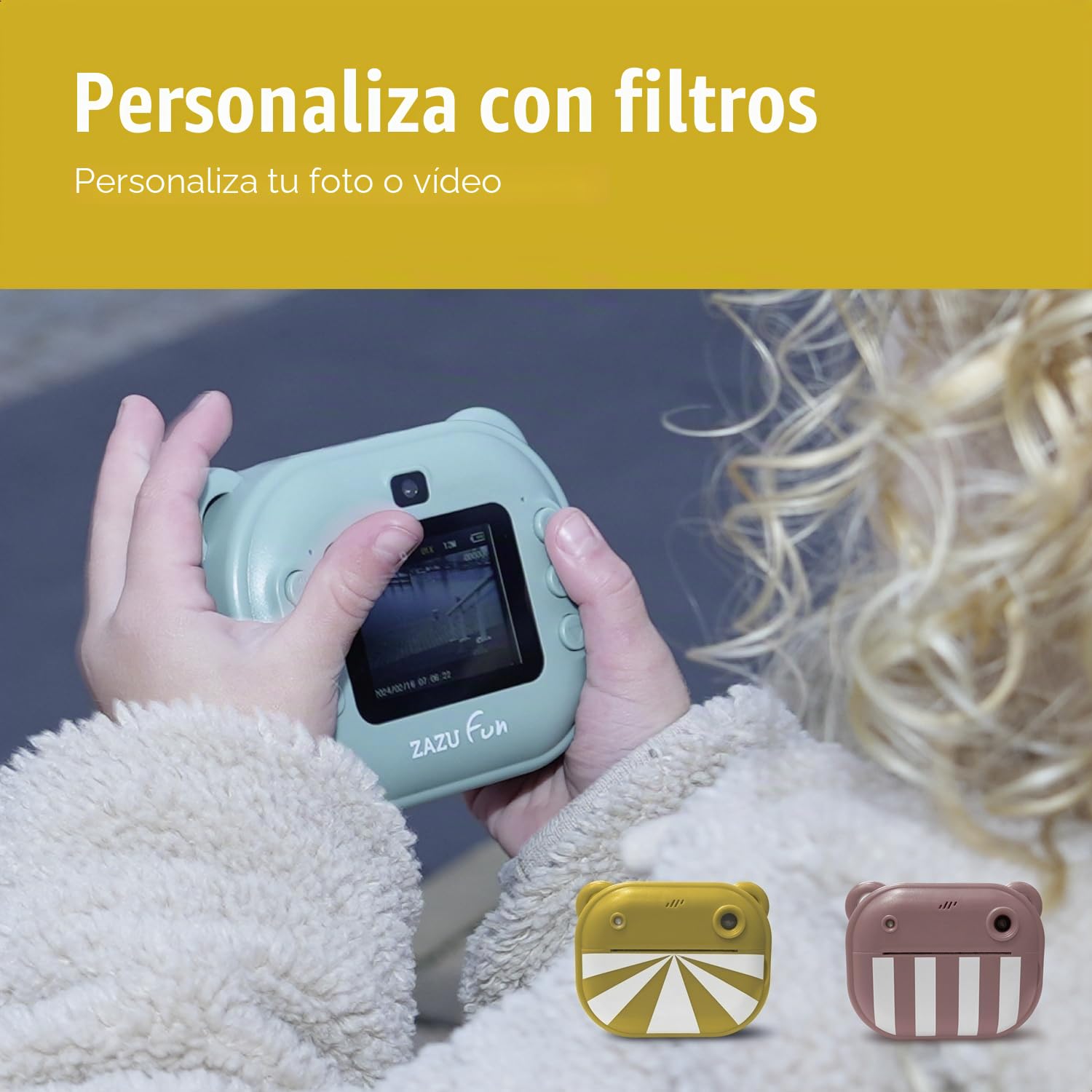 ZAZU Cámara digital instantánea para niños | Fotos de alta resolución de 48MP | Pantalla a color de 2" | Full HD 1080P Videos | Impresión térmica sin tinta | Batería recargable | Incluye 2 rodillos de