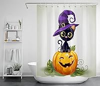 Vista 17 de LB Cortina de ducha de Halloween, cementerio de terror, fantasma, gatos negros en árbol, calabaza, cortinas de ducha para baño con ganchos, 60 x 72