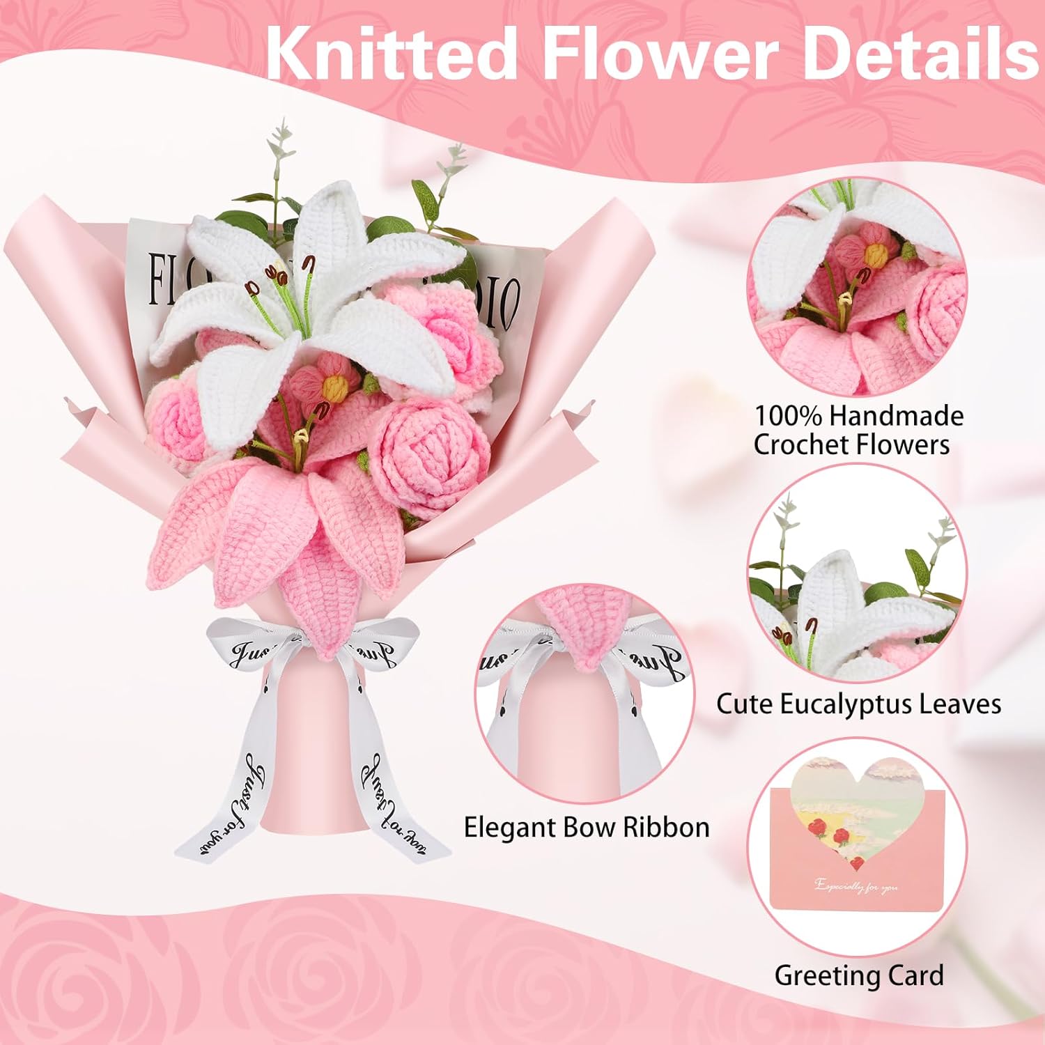 Crochet Flowers Crochet Flower Bouquet with Greeting Card Finished Handmade Knitted Flowers Roses & Lily Bouquet for Mother's Day Valentines Day Birthday Graduation Gift Home Decor (Pink)