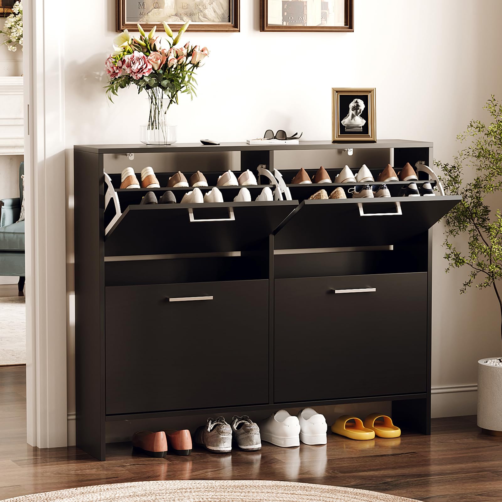 Bonnlo 4-Door Grid Shoe Storage Cabinet with Wood Look Top, Wide Shoe Cabinet, Adjustable Shelves & Anti-Tip (Black)