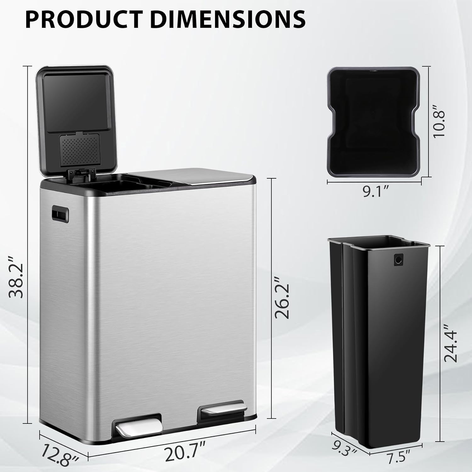 SUPER DEAL Kitchen Trash Can, 16 Gallon 60L Dual Stainless Steel Garbage and Recycling Bin with Foot Pedal for Kitchen, Living Room, Office, Removable Inner Buckets Soft Close Lid Odor Proof, Silver - Image 7