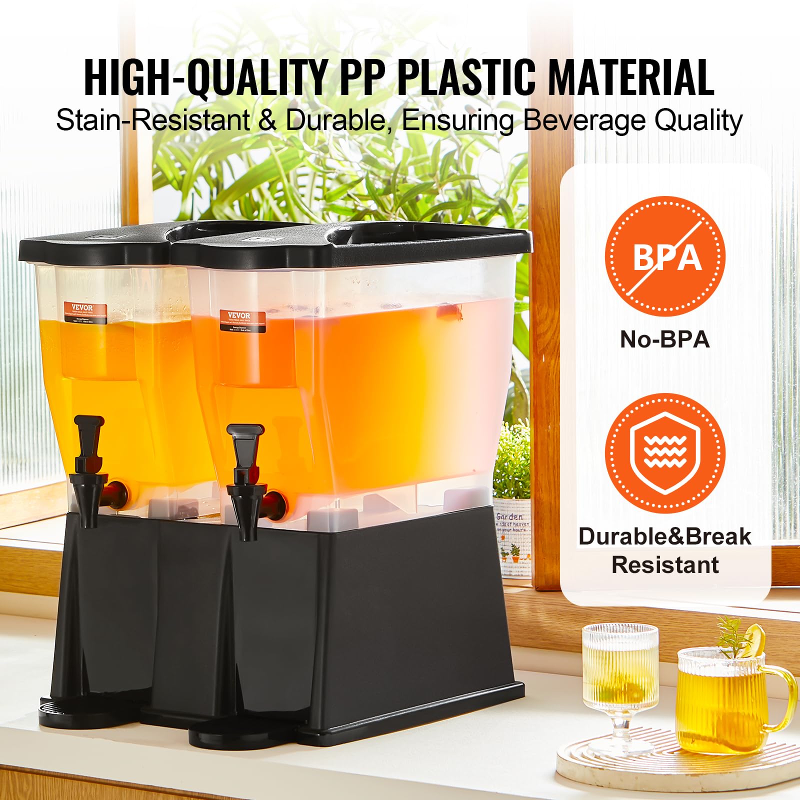 VEVOR Distributore di Bevande 450 x 415 x 530 mm Distributore di Succo di Plastica da 11 Litri x 2 con Coperchio con Rubinetto, Distributore di Acqua per Succo di Limonata, Tè Freddo, per Ristoranti
