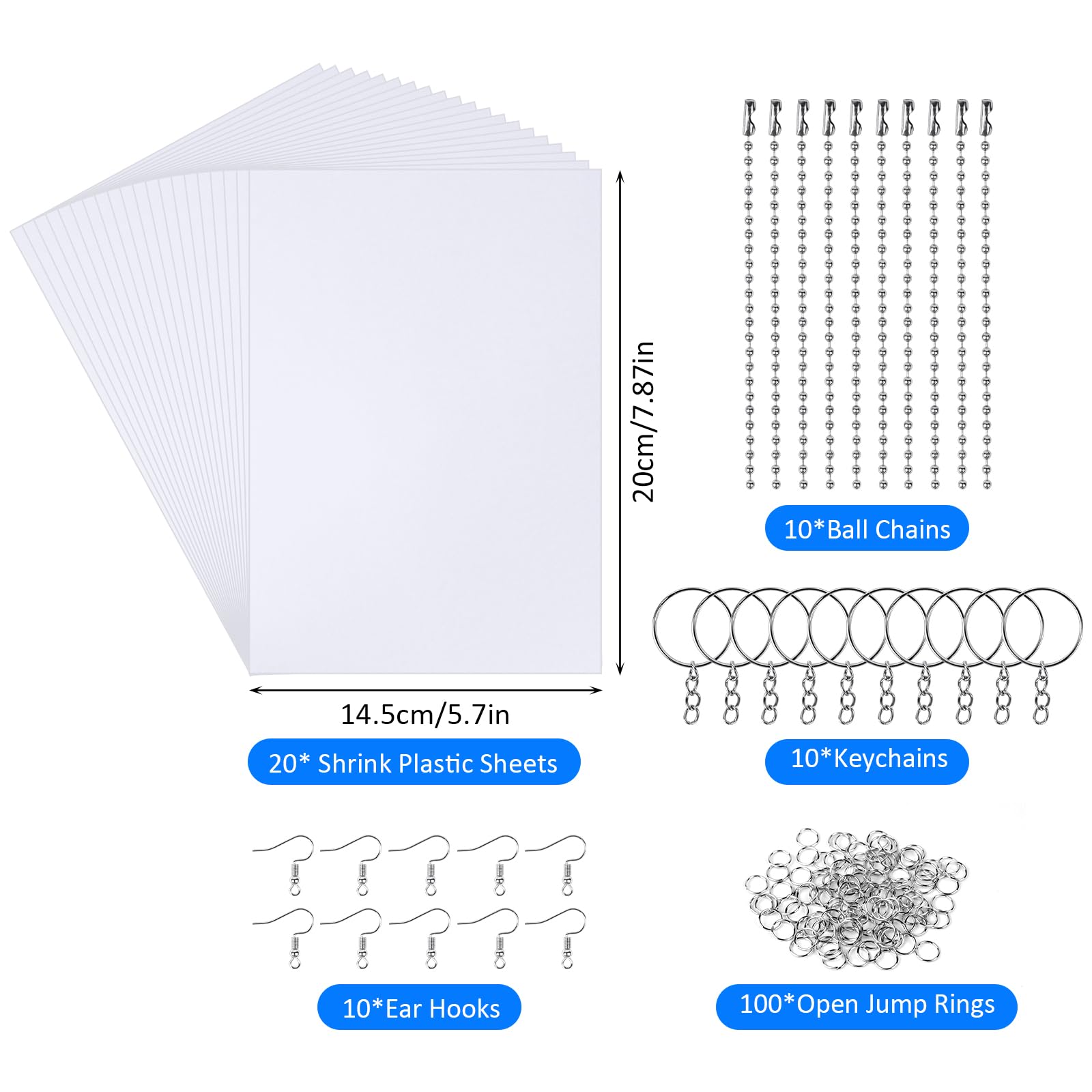 Ainiv Zestaw 150 sztuk folii termokurczliwej, 20 sztuk folii termokurczliwej do majsterkowania, w zestawie papier termokurczliwy (20 x 14,5 cm), breloczek do kluczy, otwarta pętla, łańcuszki kulkowe