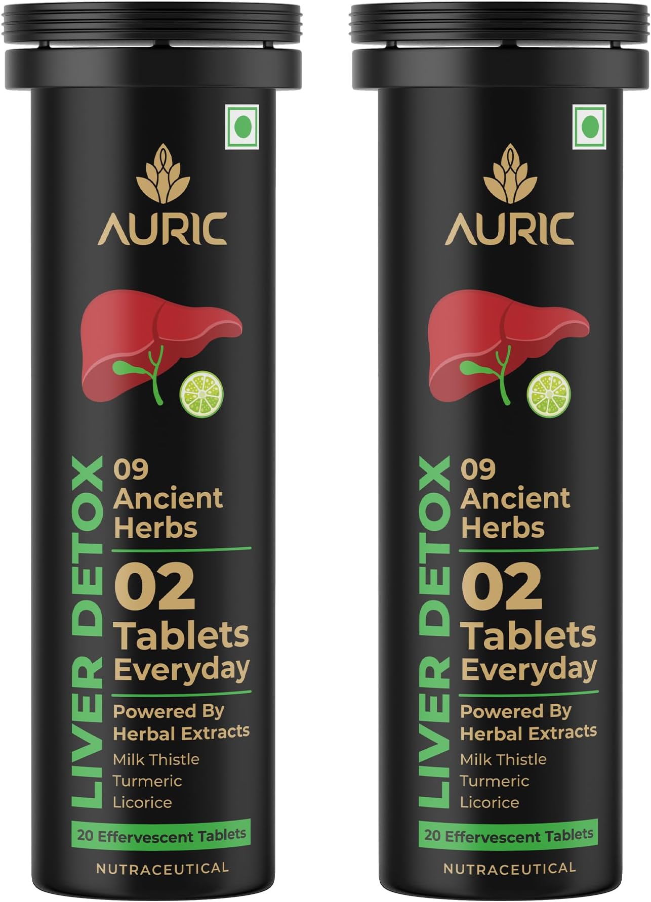 Auric Liver Detox Effervescent Tablets | Supports Fatty Liver Management & Liver Health | 9 botanical extract blend with Milk Thistle (Silymarin), Turmeric, Ginger & Licorice | Indian blackberry flavour | 40 Tablets