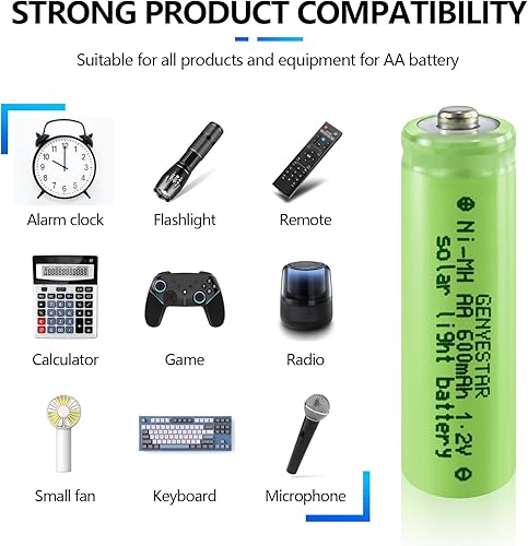 Miniatura 6 de Nimh - Baterías recargables AA, 600 mAh, 1.2 V, doble A, batería de luz solar, ideal para jardín, césped, paisajismo, lámparas, linterna, paquete de