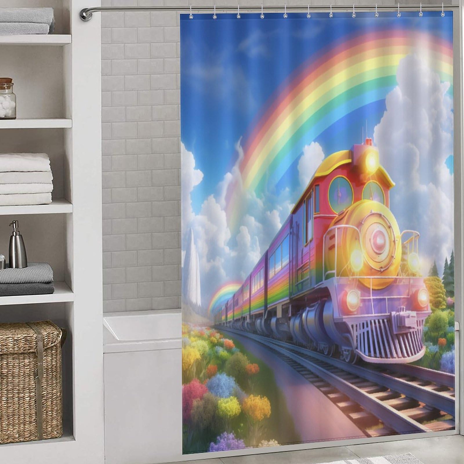 Rideau de douche train arc-en-ciel en tissu pour égayer la salle de bain des enfants