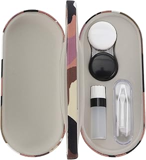Healifty 2 in 1 Double Sided Portable Glasses Case Lens Case with Built-in Mirror, Tweezer and Contact Solution Bottle