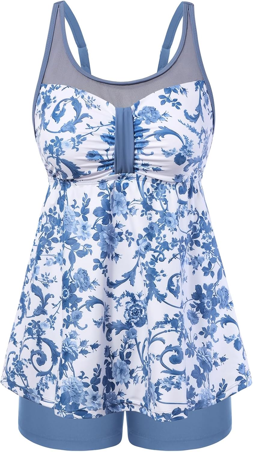 Hanna Nikole Women Two Piece Tankini Swimsuit Modest Bathing Suit Mesh Flowy Swim Top with Tummy Control Boy Shorts