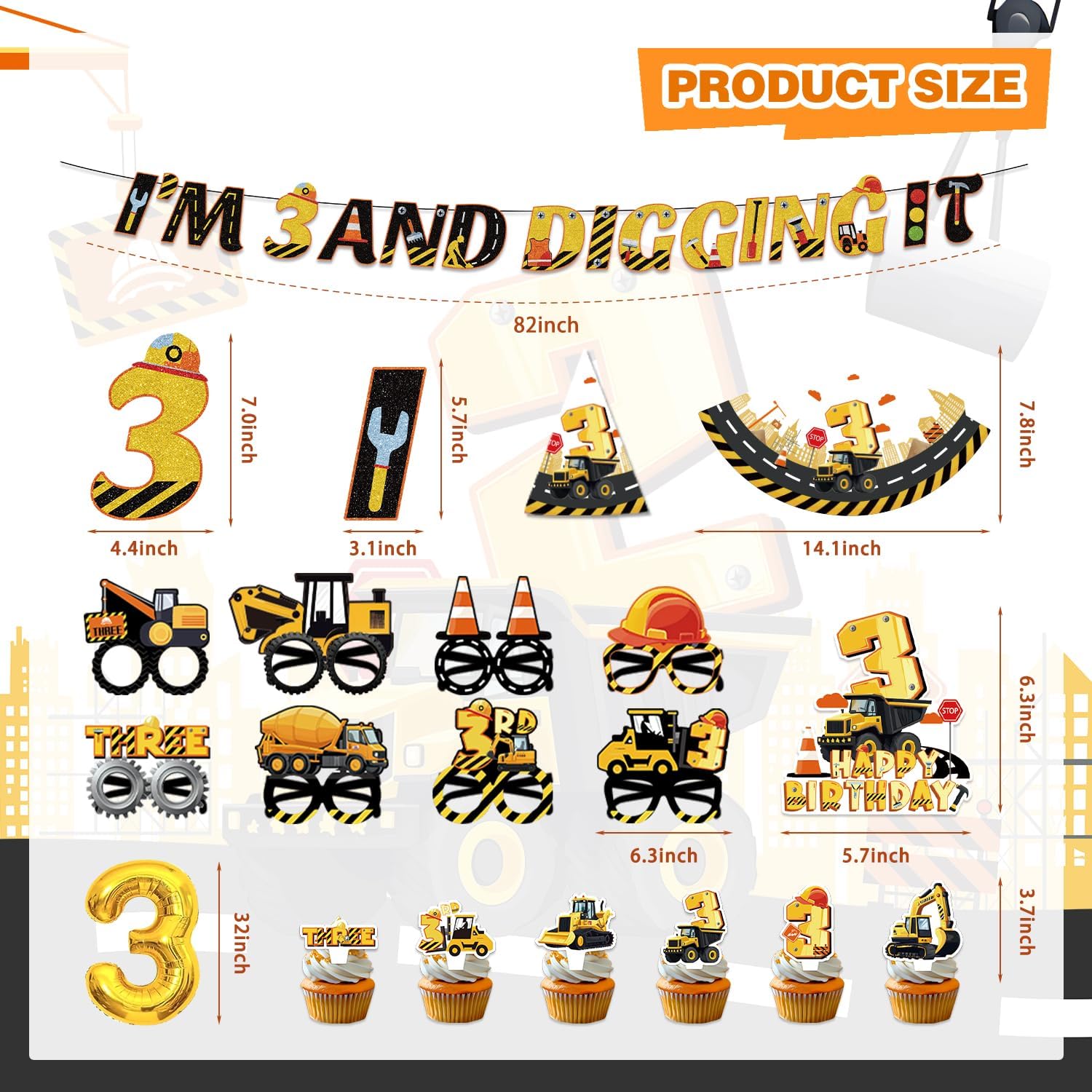 Mpanwen Construction 3rd Party Decorations, 127Pcs Truck Construction 3rd Birthday Party Supplies for 3 Years Old Baby Boys - Backdrop, Wall Signs, Banner, Tablecloth, Hat, Poster, Paper Glasses