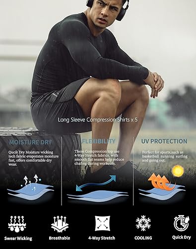 Miniatura 5 de Paquete de 5 o 4 camisetas de compresión para hombre, manga larga, atlética, capa base, camiseta interior para entrenamiento