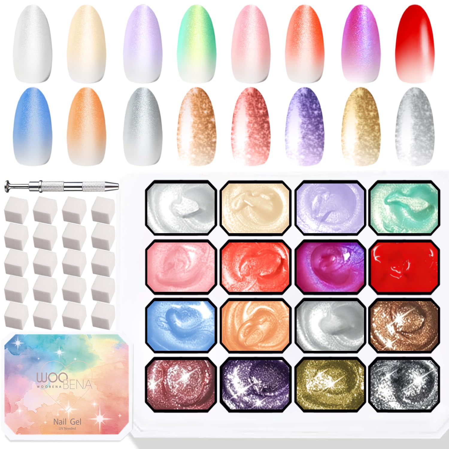 Glitter Pat Pat Gel Nail Polish Set,16 Colors Gradient Patting Gel Polish,Ombre & Blooming Gel for French Manicure, Aurora Mermaid Chrome Ombre Nail Gel,UV/LED Cured
