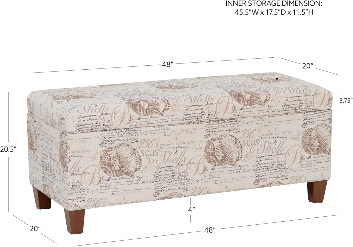 Linon Carmen Ivory and Beige Seashell Upholstered Lift Top Storage Ottoman with Wooden Feet