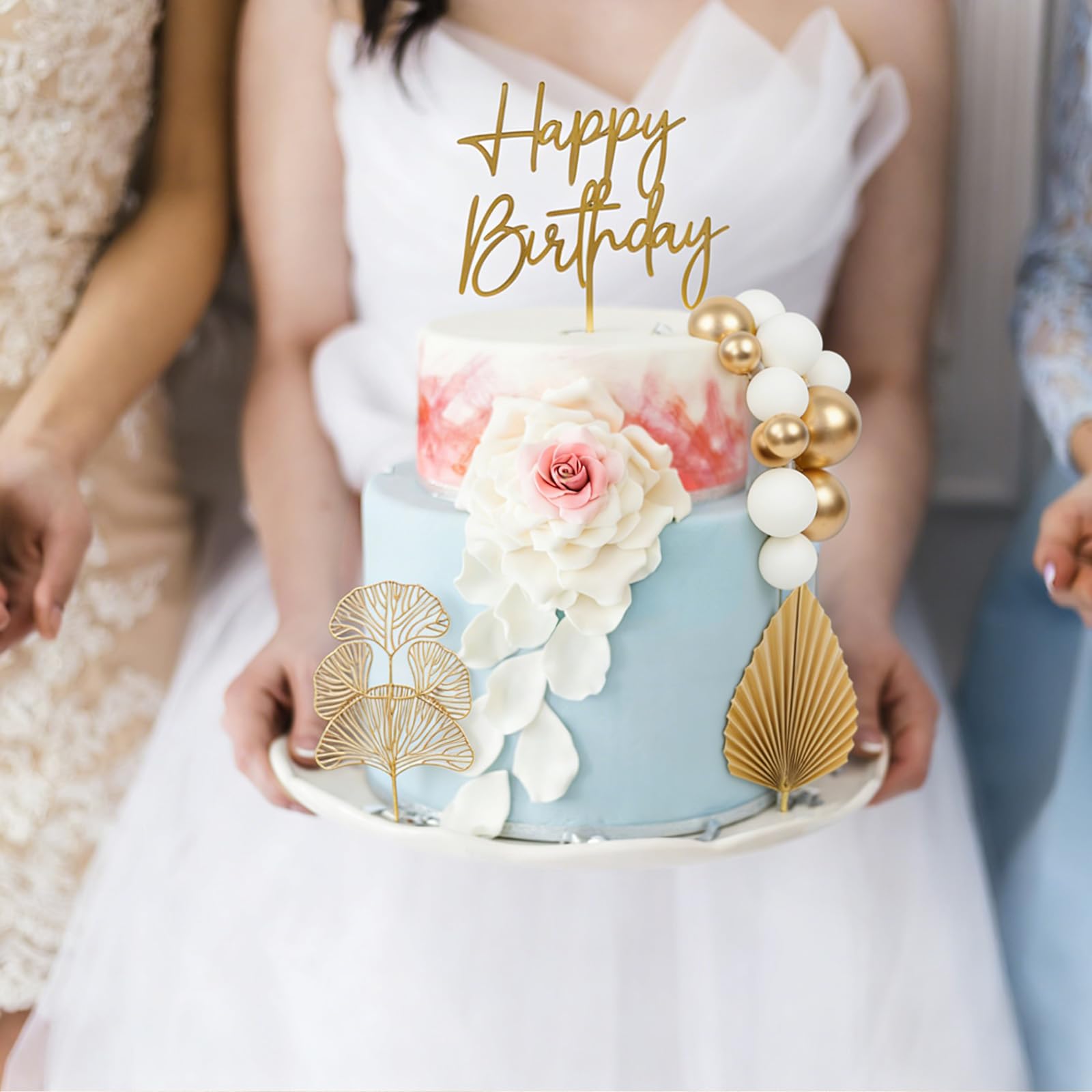 30 Pcs Gold Cake Decorations-Gold Palm Leaves Cake Decoration with 1 Acrylic Cake Topper - Image 4