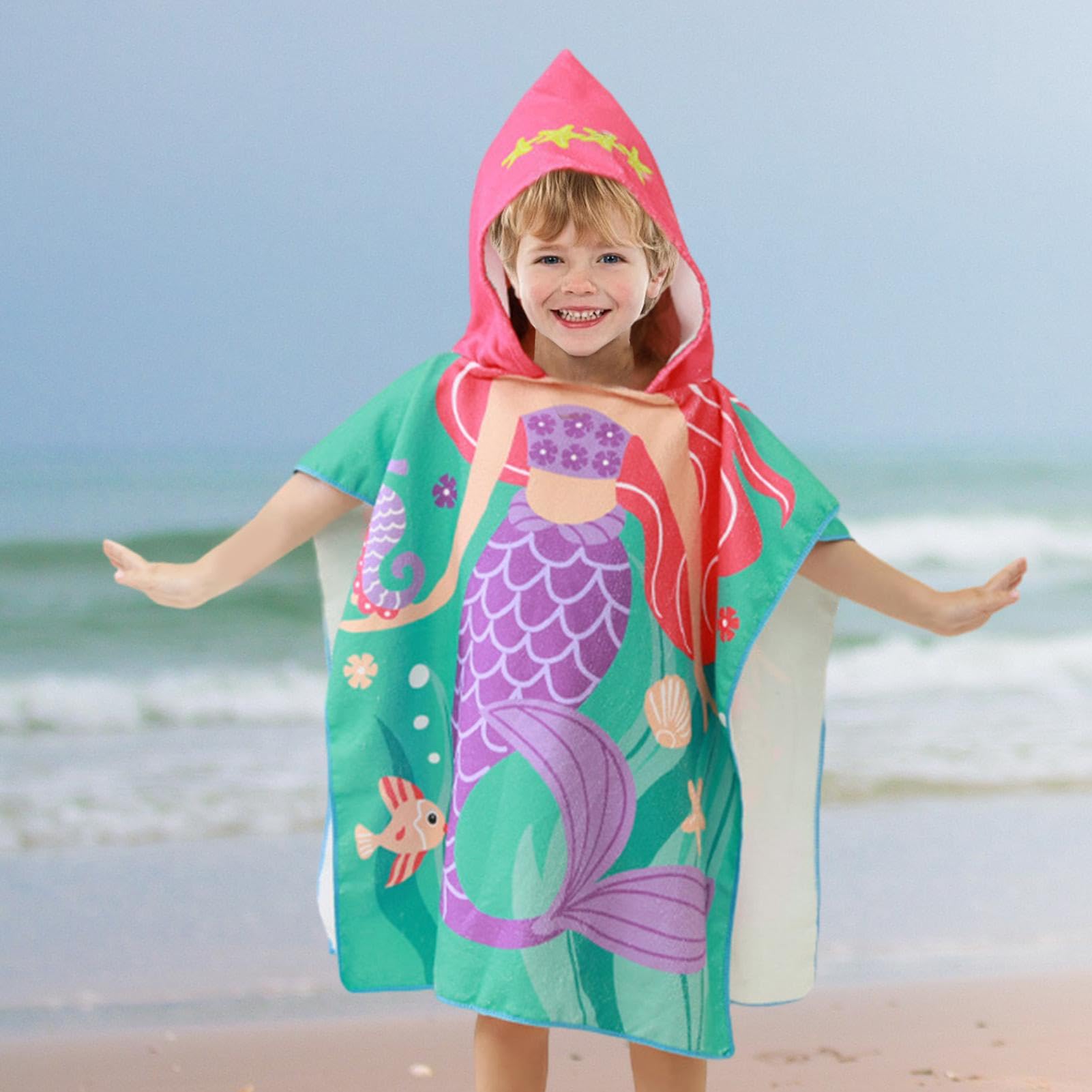 FILOWA Bad Poncho Kids Microvezel Badhanddoek Strand Badhanddoek met Kap Grote Handdoek Poncho Roze Alpaca Print Lange Strandhanddoek 75*180cm Zwembad Zachte Handdoeken voor 6-15 Jaar Jongens Meisjes