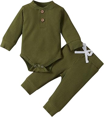 Winter Newborn Baby Boy Girl Clothes Set Ribbed Outfits Unisex Infant Solid Long Sleeve Tops Pants 2PCS