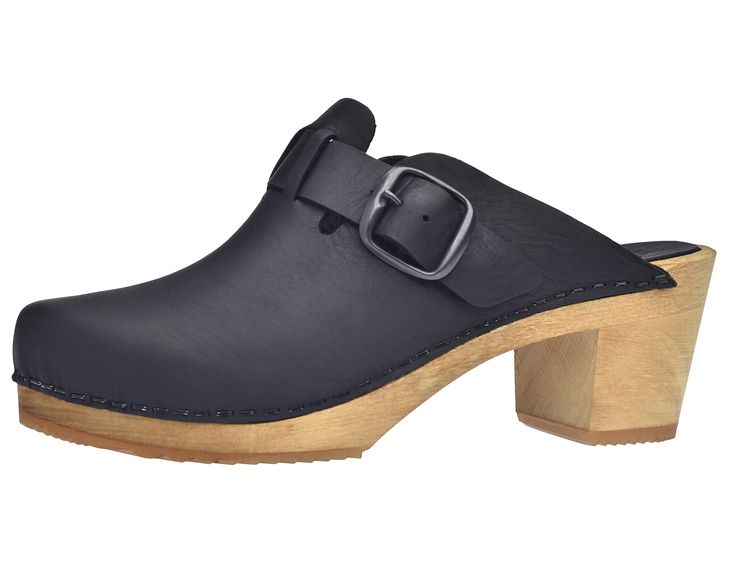 Sanita Malulo Clog | Original handgemacht | Leder-Holzclogs für Damen | Verstellbarer Riemen | Schwarz | 39 EU