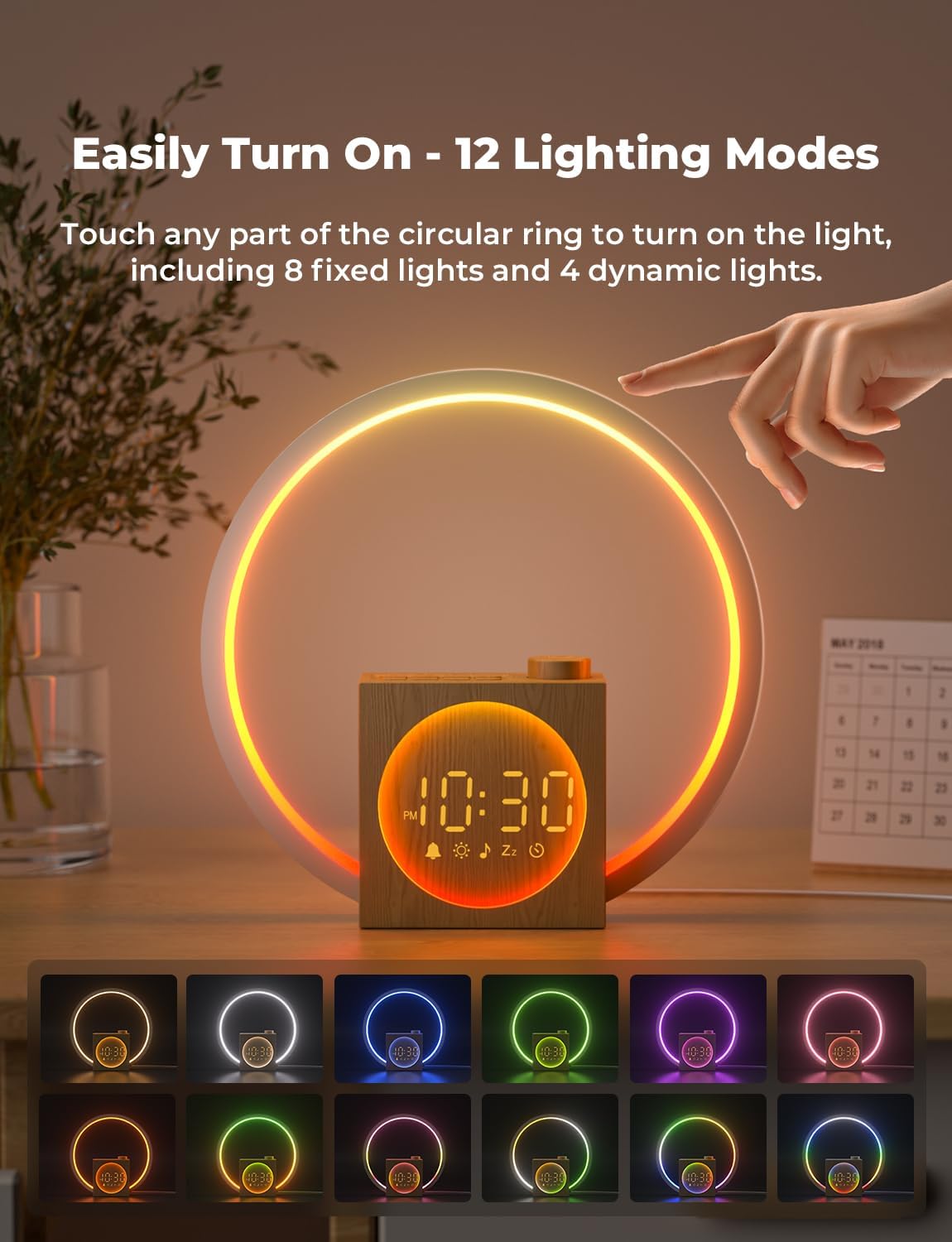 A hand touching the light ring of the alarm clock, with a display of 12 different light modes below.