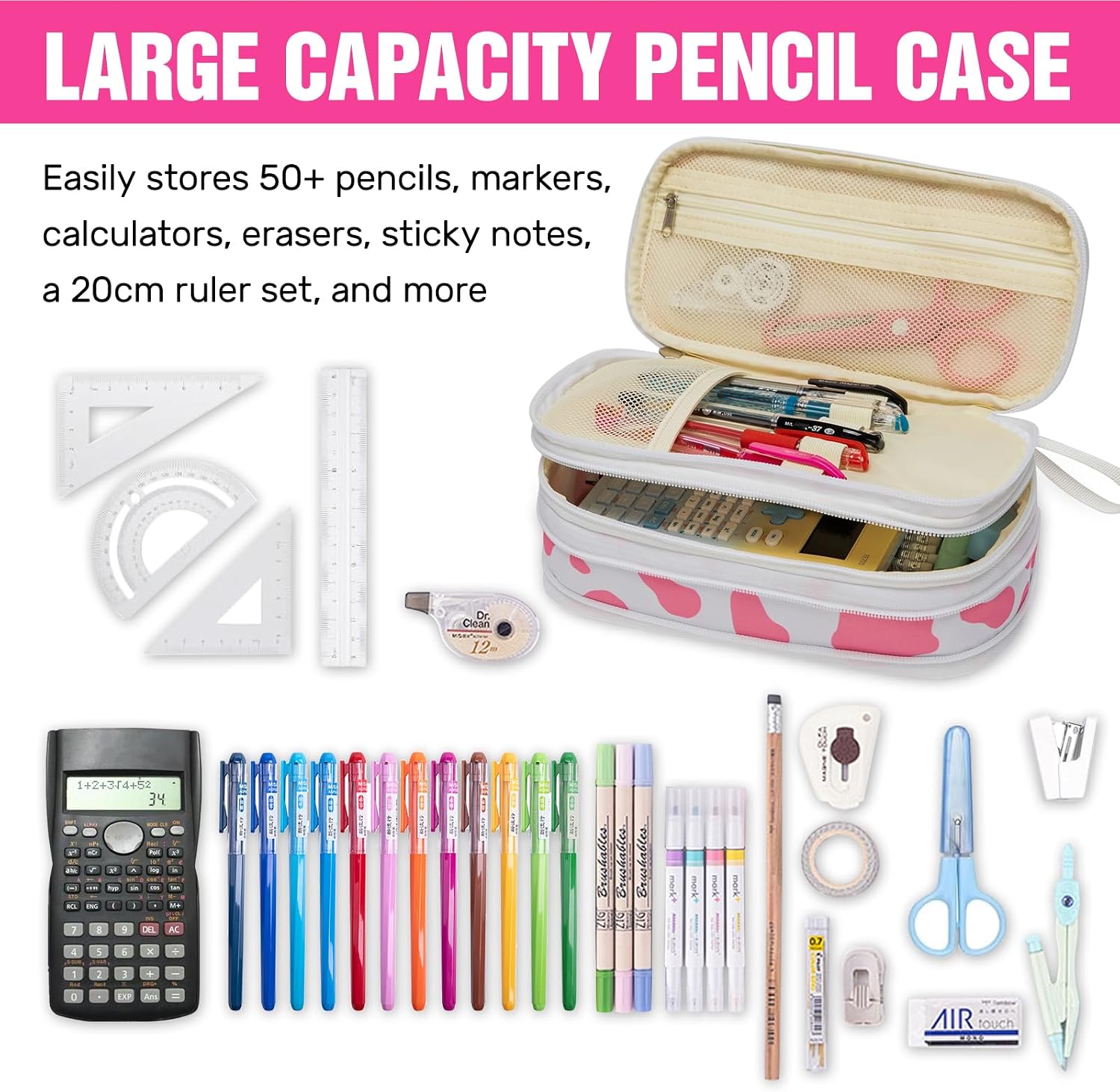 Cute Pink Cow Print Pencil Case for Girls,Large Pink Cow Spots Pencil Pouch with Foldable Zipper Compartment&Multi-Pockets,Big Capacity Kids Stationery Bag Aesthetic Pen Box For School Office image 3