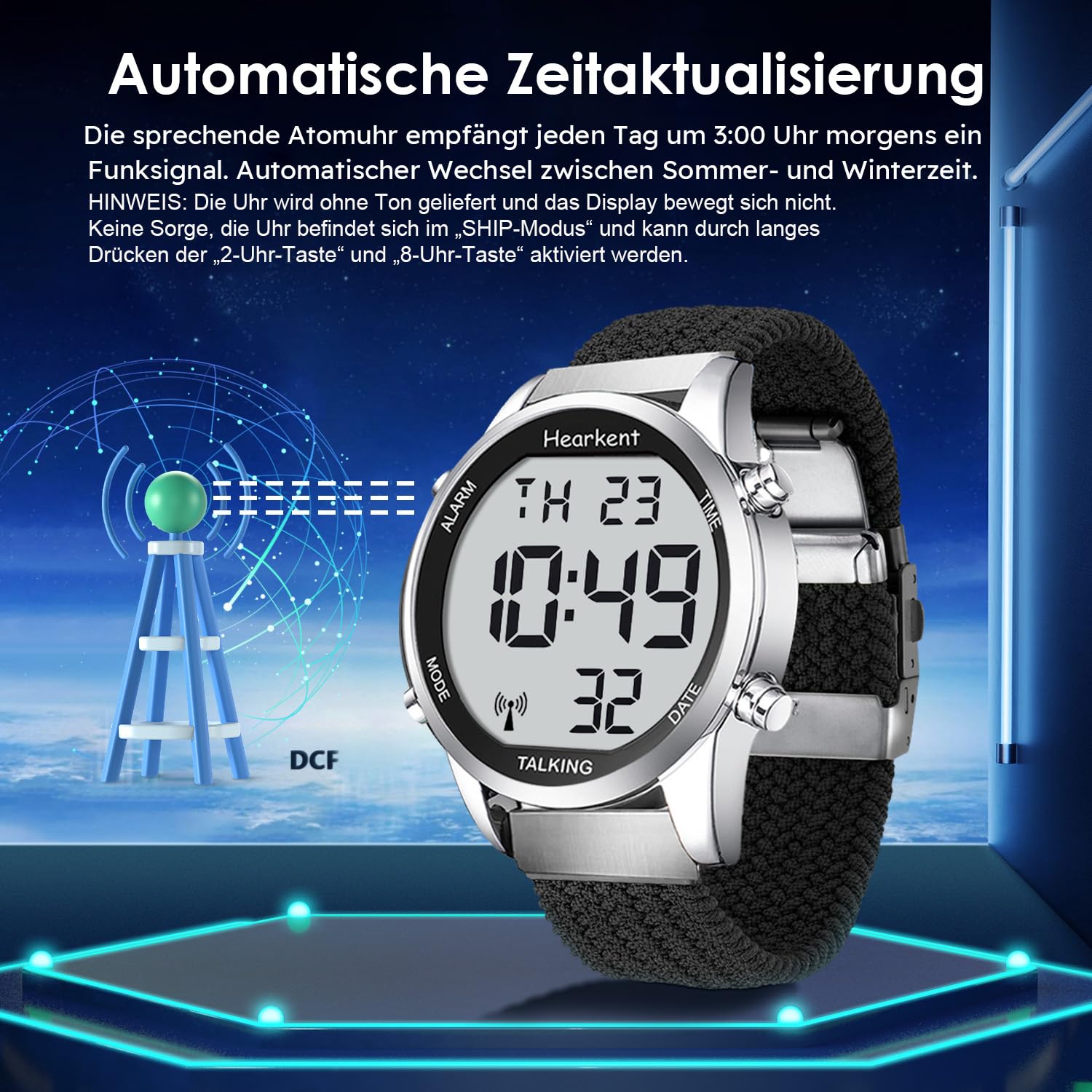 Hearkent Herren Sprechende Uhr Sehbehinderte Funkuhr-Deutscher Stimme-2306 | LCD Große Zahl Leicht zu Lesen-Seniorenuhr Armbanduhr für Senioren,Blindenuhr