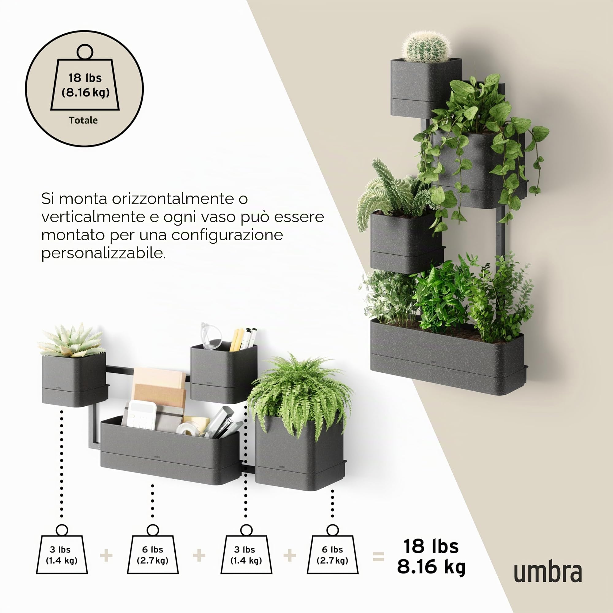 Umbra 1018767-040 Vaso da Parete Moderno e Contemporaneo, Polipropilene (PP) Acciaio Inossidabile Acrilonitrile butadiene stirene (ABS), Nero, 4 pots