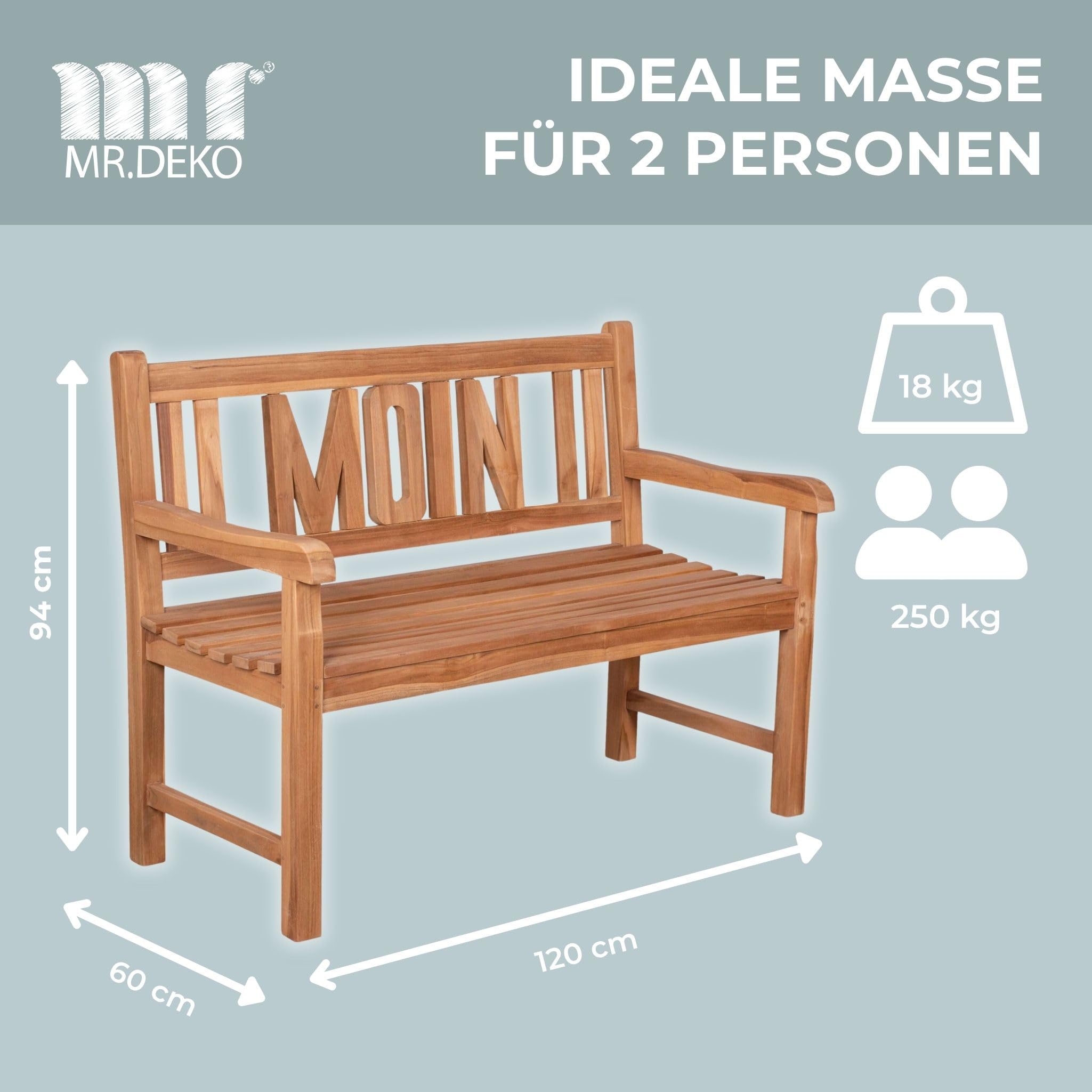 MR. DEKO Gartenbank wetterfest Sitzbank Outdoor Teak Balkon Bank Motiv Moin | Holz 2-Sitzer 120x60x94cm