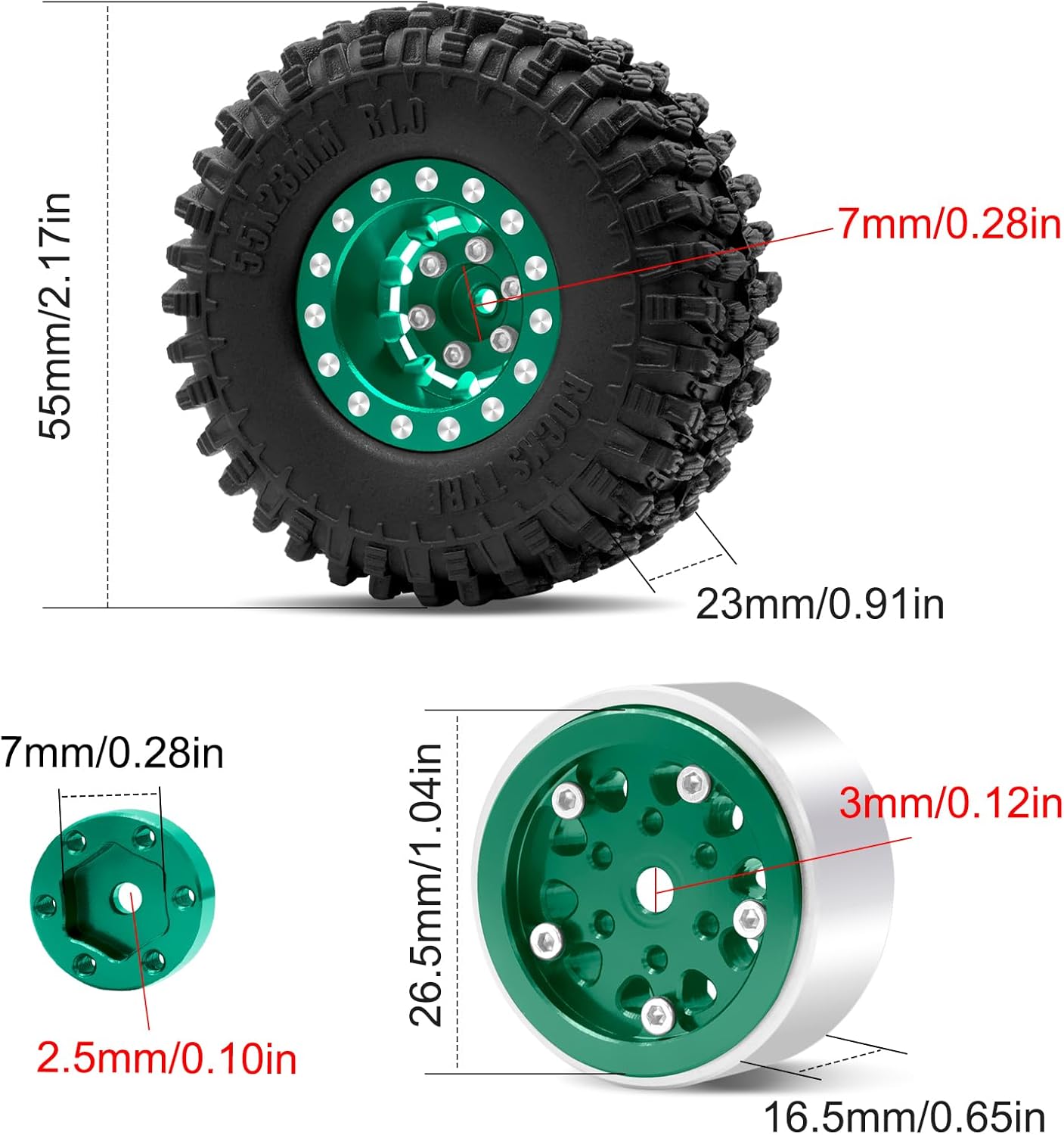 OGRC 1.0 Wheels Deep Dish Rims Negative Offset 7mm Wheels with New Compound 1.0 Tires for Axial SCX24 Gladiator Bronco C10 JLU Deadbolt RC Crawler Upgrades Parts (Green)