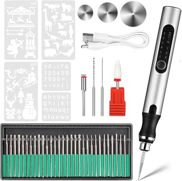 Cordless Engraving Pen, 3-Speed Electric Engraving Tool Kit, Engrave 50+ Surfaces, with 30 Small Drill bits, 7 Grinding Accessories and 5 Engraving Templates, USB Charging for Wood Resin Stone Jewelry