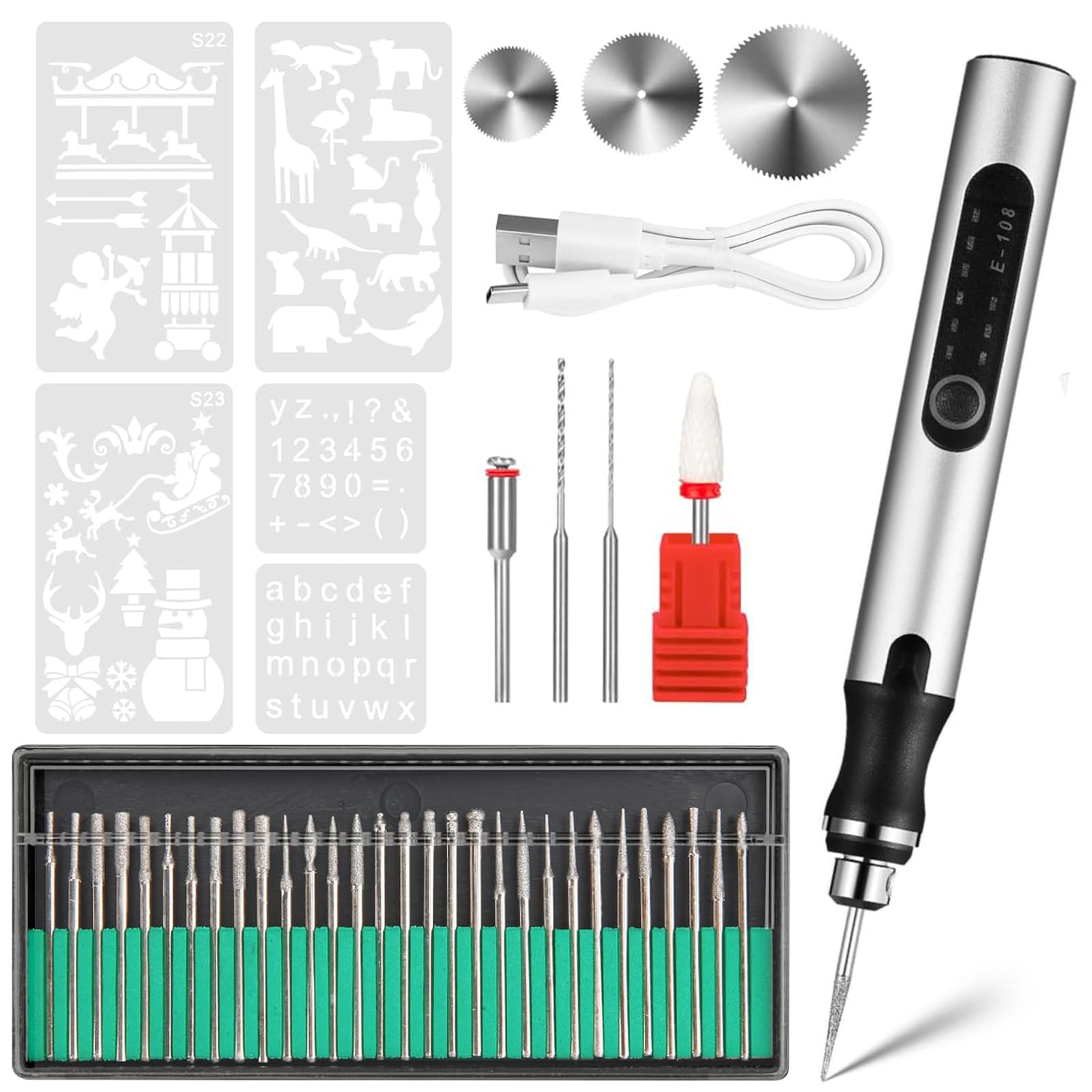 Stylo de perceuse électrique à 3 vitesses réglables avec 30 petits forets pour verre et métal