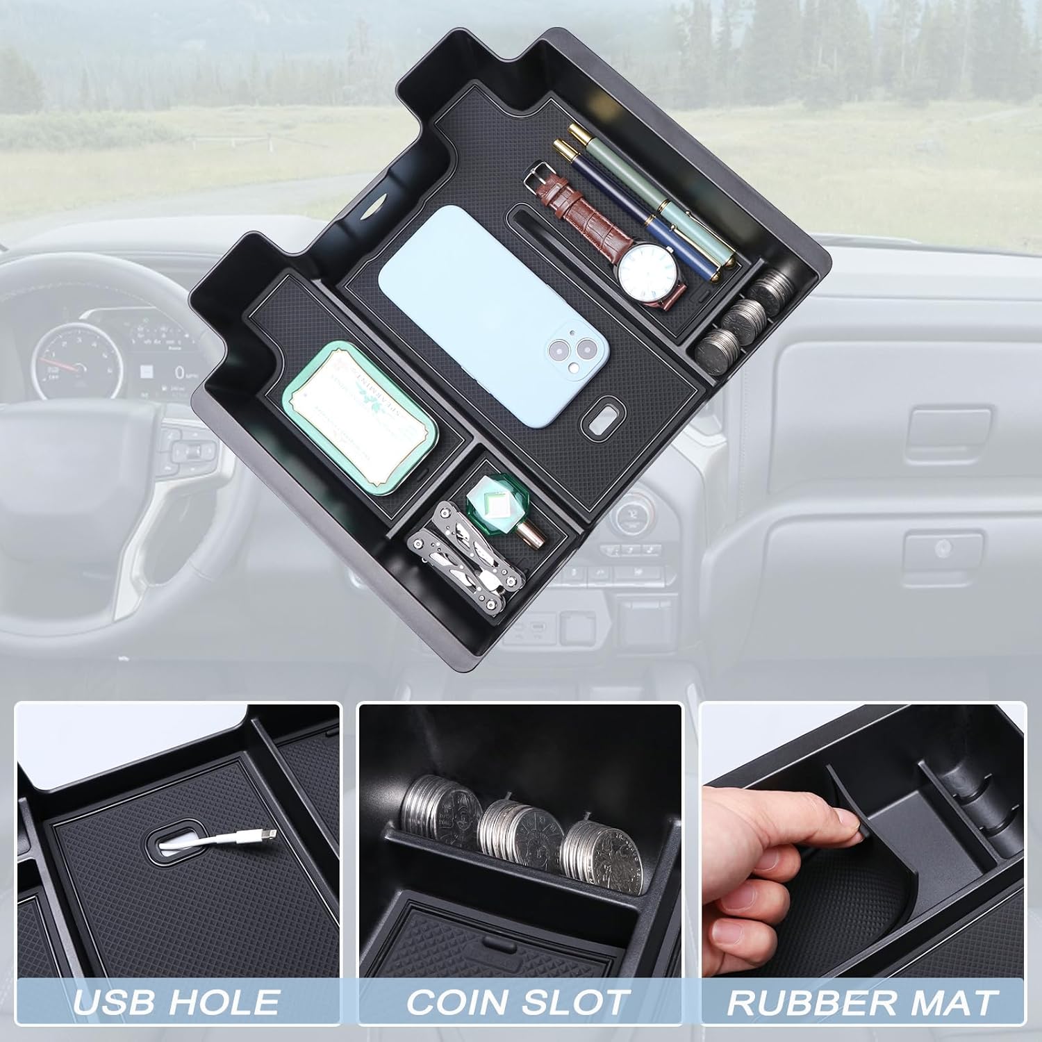 JKCOVER Full Size Center Console Organizer Tray Compatible with (2019-2022) Chevy Silverado/GMC Sierra 1500 and (2020-2023) Silverado/Sierra 2500HD/3500HD Accessories(Full Console w/Bucket Seats ONLY)