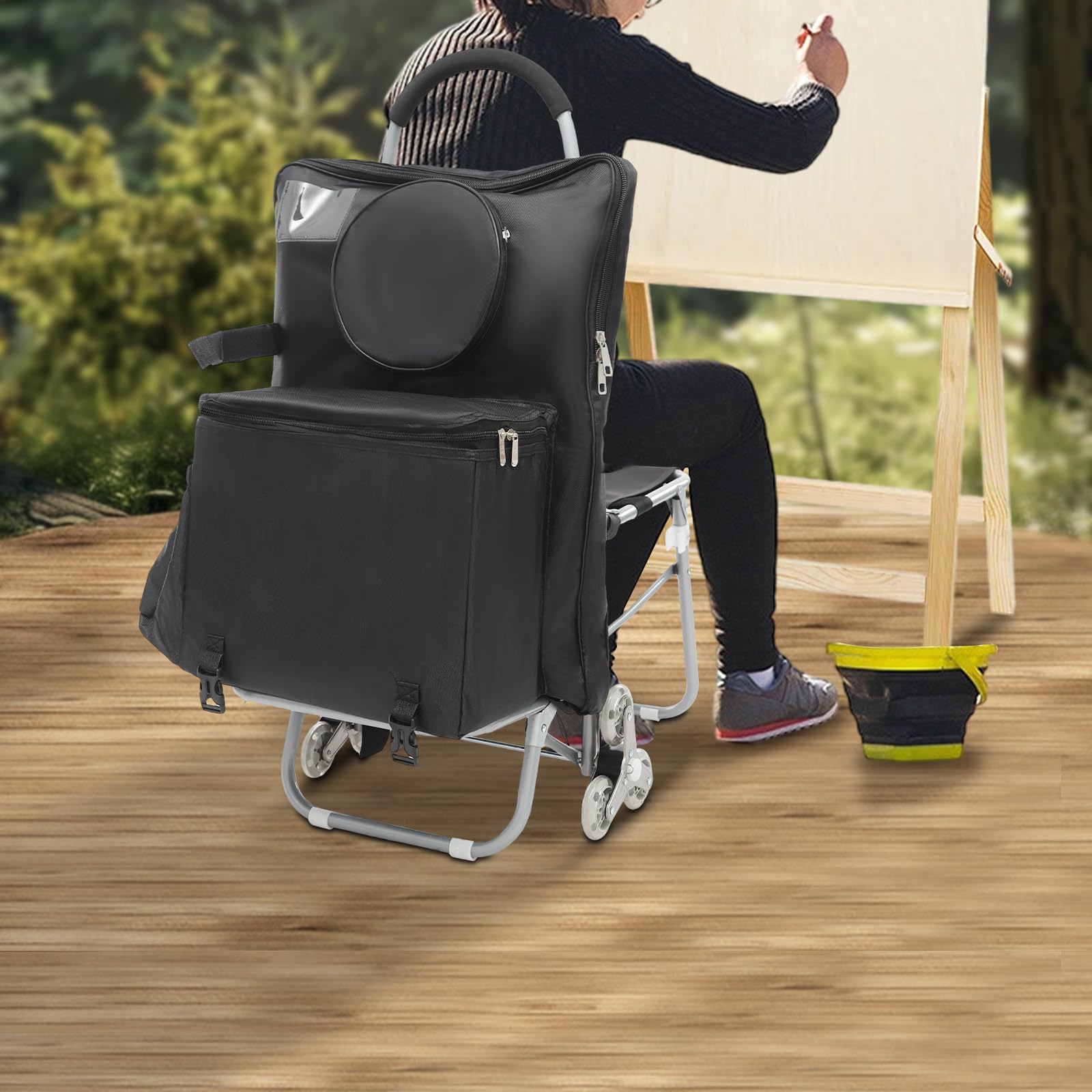 Chariot d'art d'extérieur avec sac à dessin | Design à 3 roues pour escaliers et routes | Studio de peinture mobile (noir) | Acier + tissu Oxford | 43 x 93 cm | Idéal pour la peinture en plein air et
