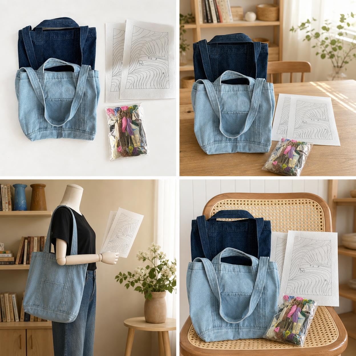 Yunmeryker Kit Ricamo Fai da Te per Principianti, Kit da Borsa in Tela con Strumenti e Istruzioni, Borsa fai da te in denim chiaro e scuro (due pezzi), senza telaio da ricamo