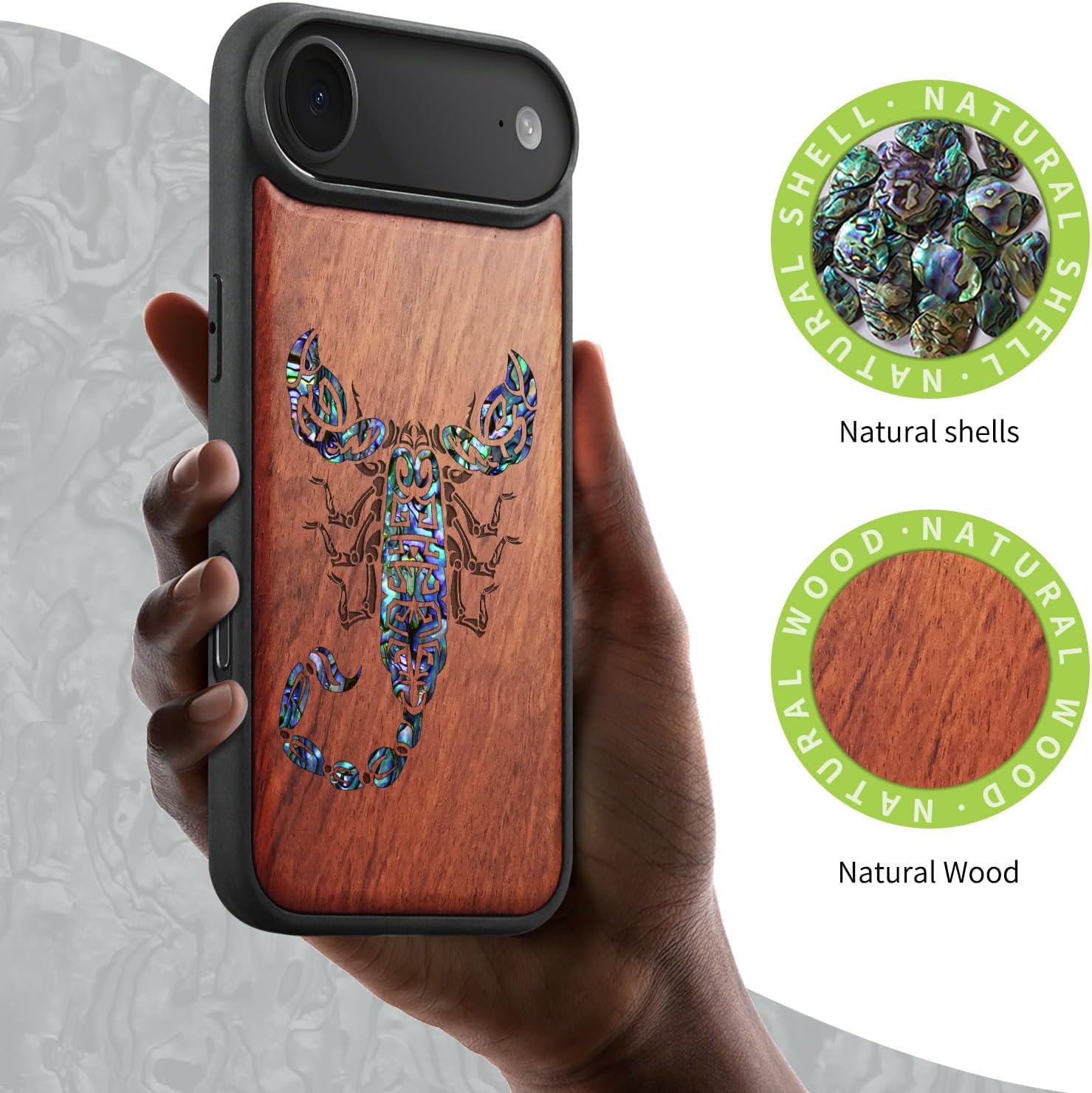 Carveit Magnetic Case for iPhone Air Case, Wood Artisan Engraved & Handmade Shell Inlaid, TPU Shockproof Cover, Compatible with MagSafe 17 Air Wireless Chargers (The Tribal Scorpion-Rosy)