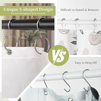 Goowin Shower Curtain Hooks, Anti-Fall S-Shaped Shower Curtain Ring, Decorative Silver Shower Curtain Hooks Rings Rust Proof Shower Rings for Curtain, Shower Hooks for Shower Curtain, 12 Pack, Chrome