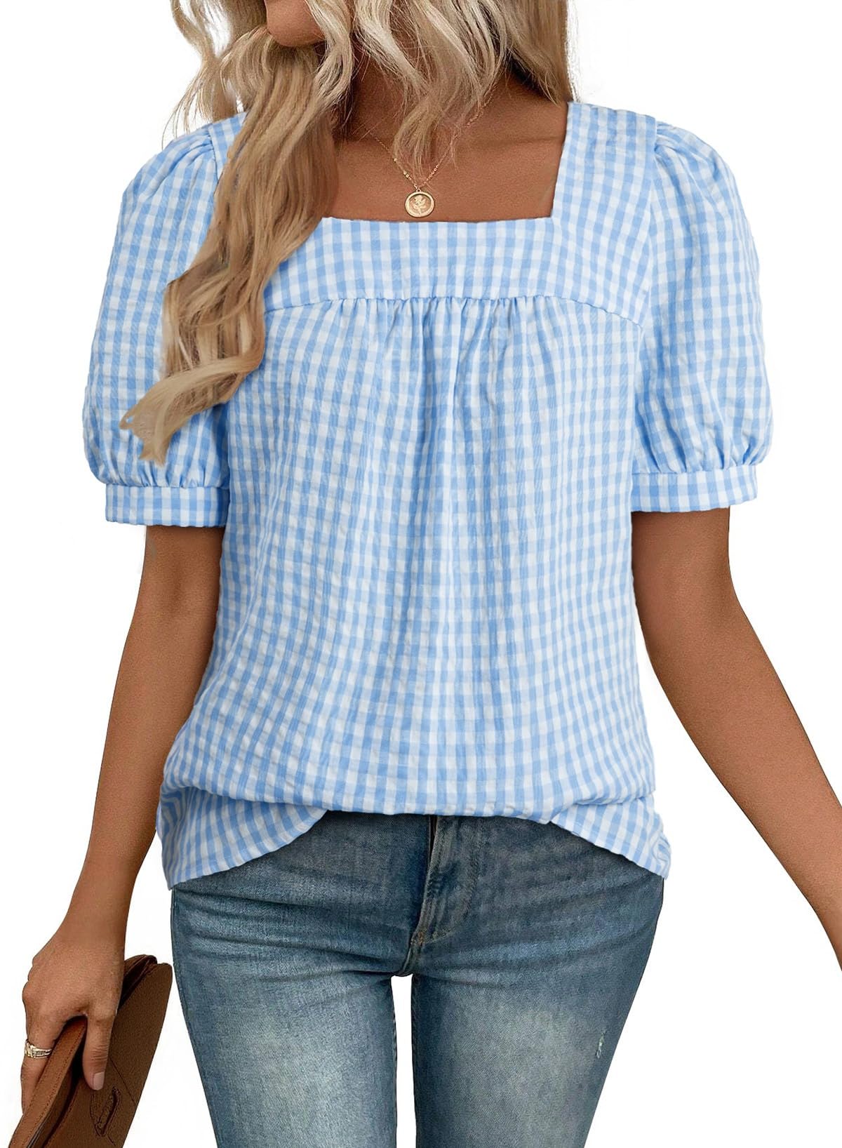 EVALESS Womens Gingham Top Short Sleeve Square Neck Shirts Cotton Blouse