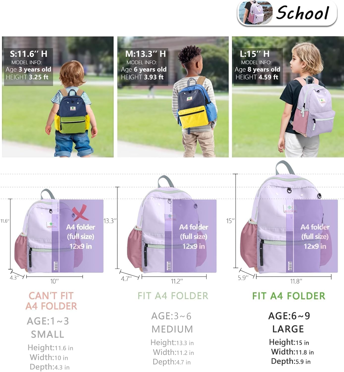 atgark Kids Backpacks, Unisex, Purple, 15" H, 1L, Modern, Animal Theme, 6-9 Years, Elementary School, Travel, 1.9" W x 0.78" D
