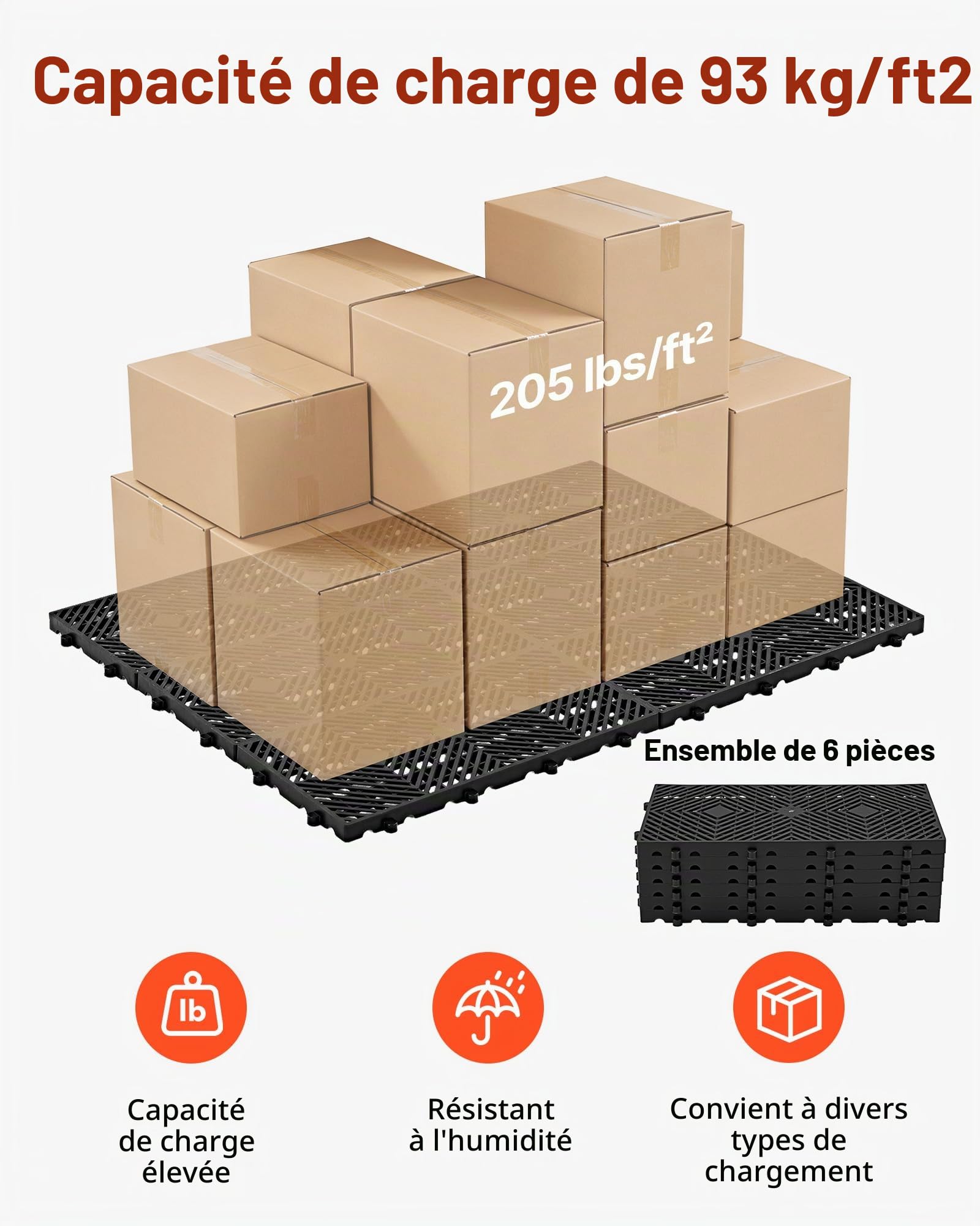 VEVOR Palettes en Plastique Emboîtables Lot de 6, Palettes de Sol Empilables avec Grille Respirante, Résistantes à l'Humidité, Charge Max. 1000 kg/m², pour Sous-Sol et Entrepôt, 600x300x30 mm, Noir