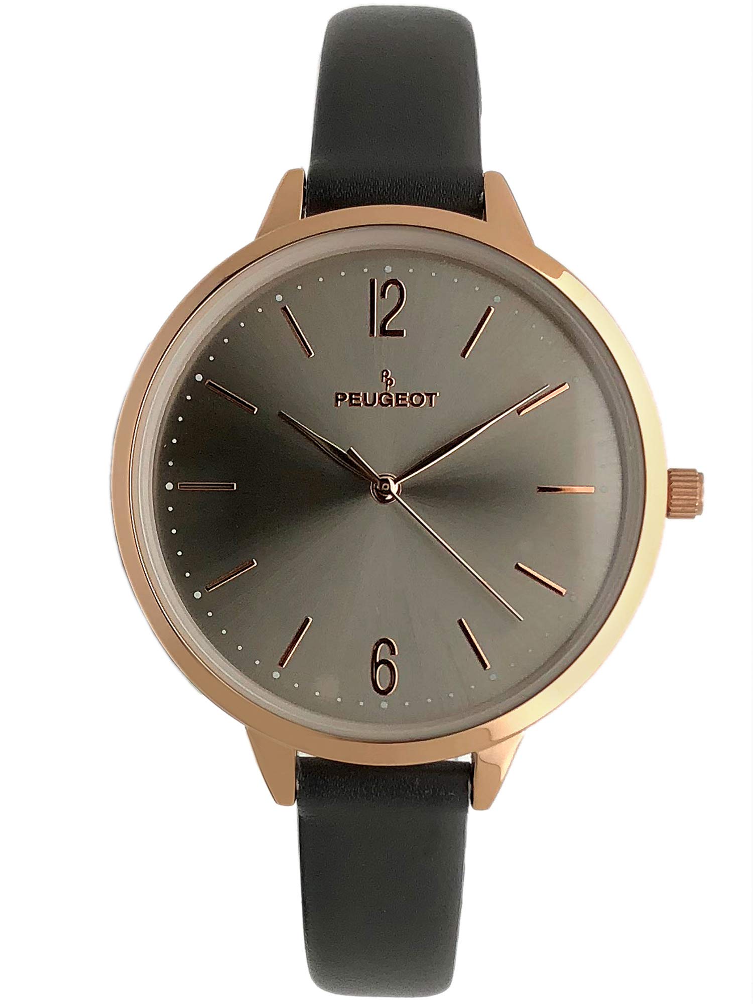 Peugeot Women's Slim Watch, 14K Rose Gold Plated Large Face Watch with Skinny Leather Strap