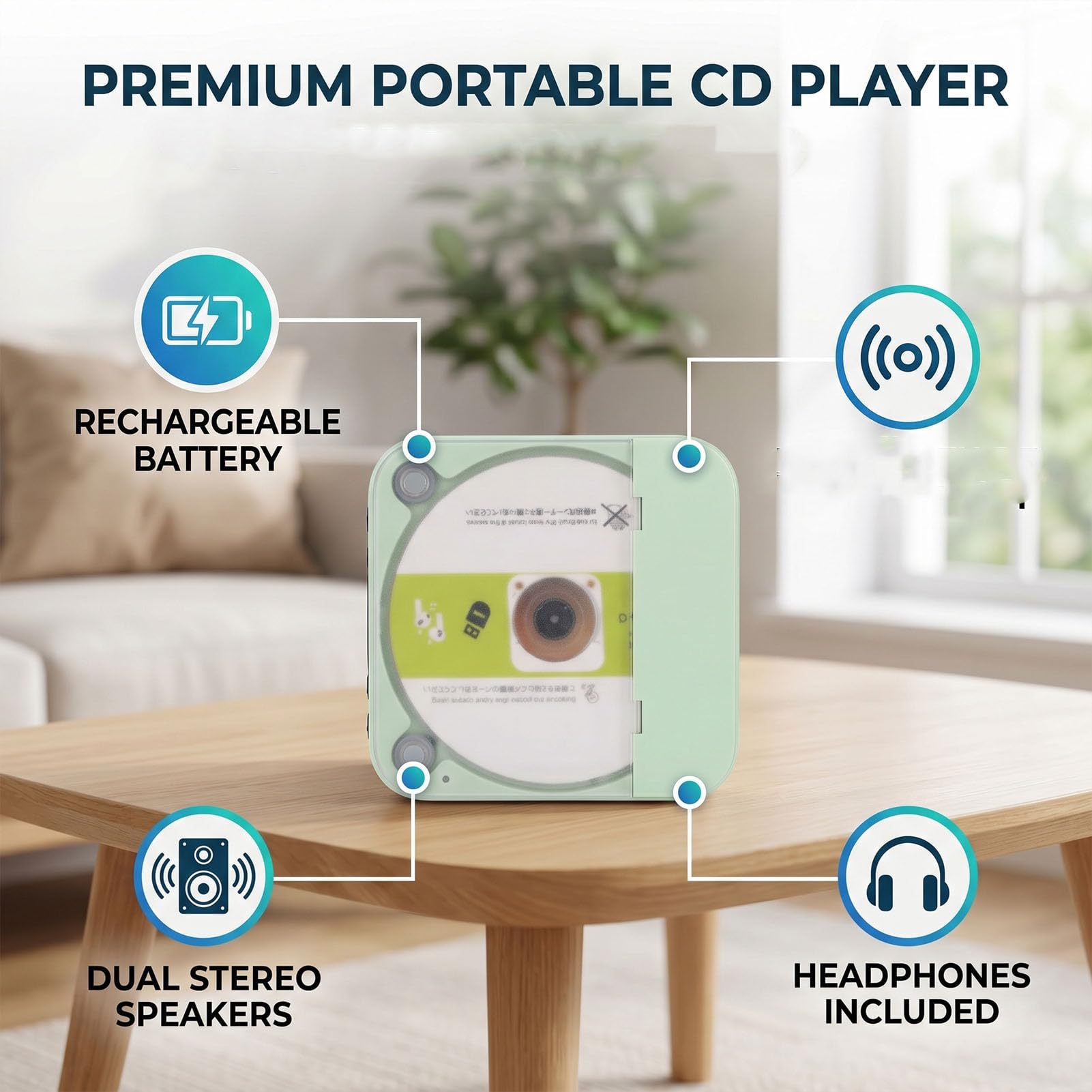 Bewinner Lettore CD Portatile con Trasmettitore Bluetooth 5.3, Doppi Altoparlanti Stereo, Display LCD, Batteria Ricaricabile da 2000 MAh, Riproduzione USB MP3, Cuffie Incluse per Casa,