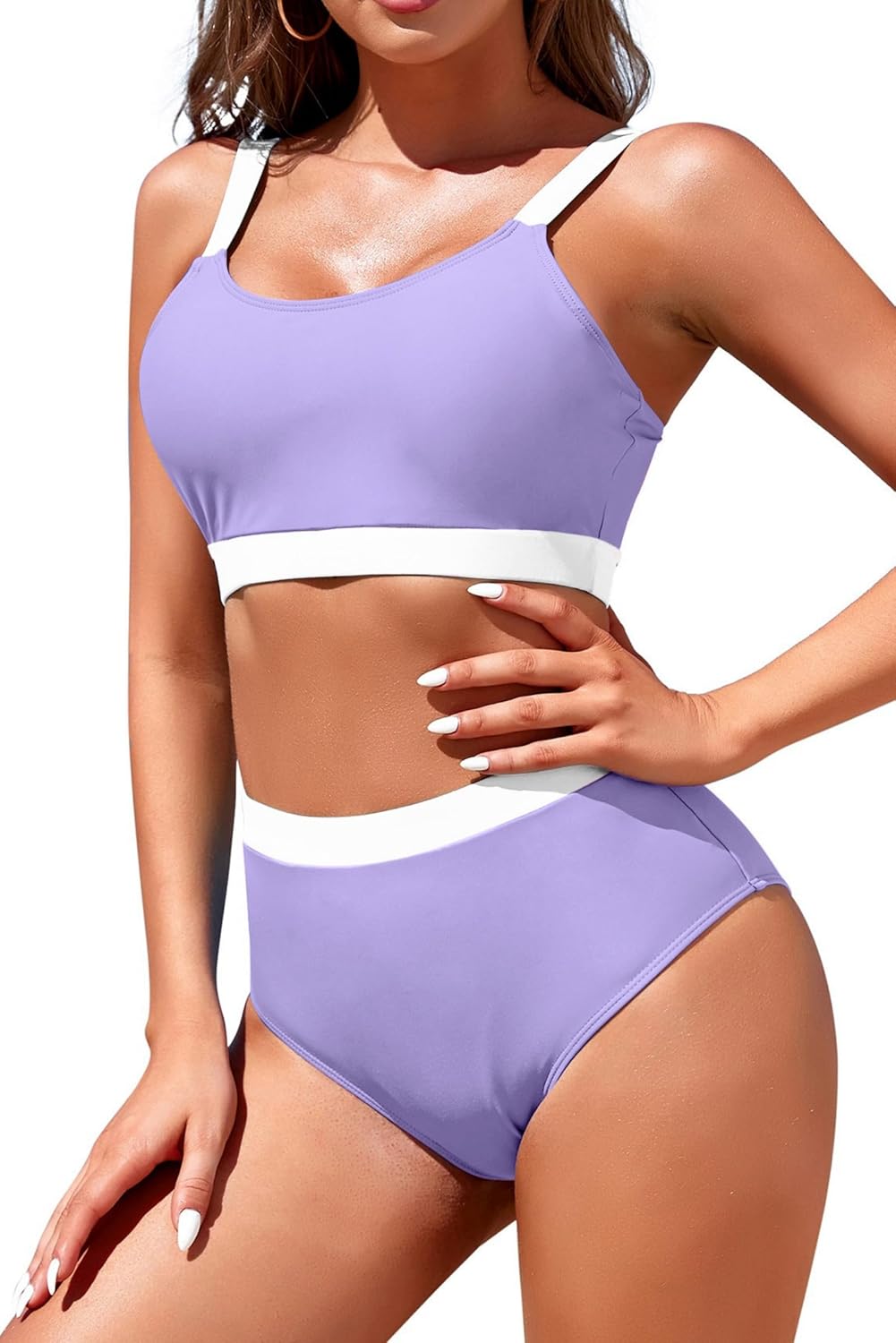 Womens High Waisted Bikini Sets Sporty Crop Top Color Block Swimwear Bandeau Scoop Neck Vintage Two Piece Bathing Suits