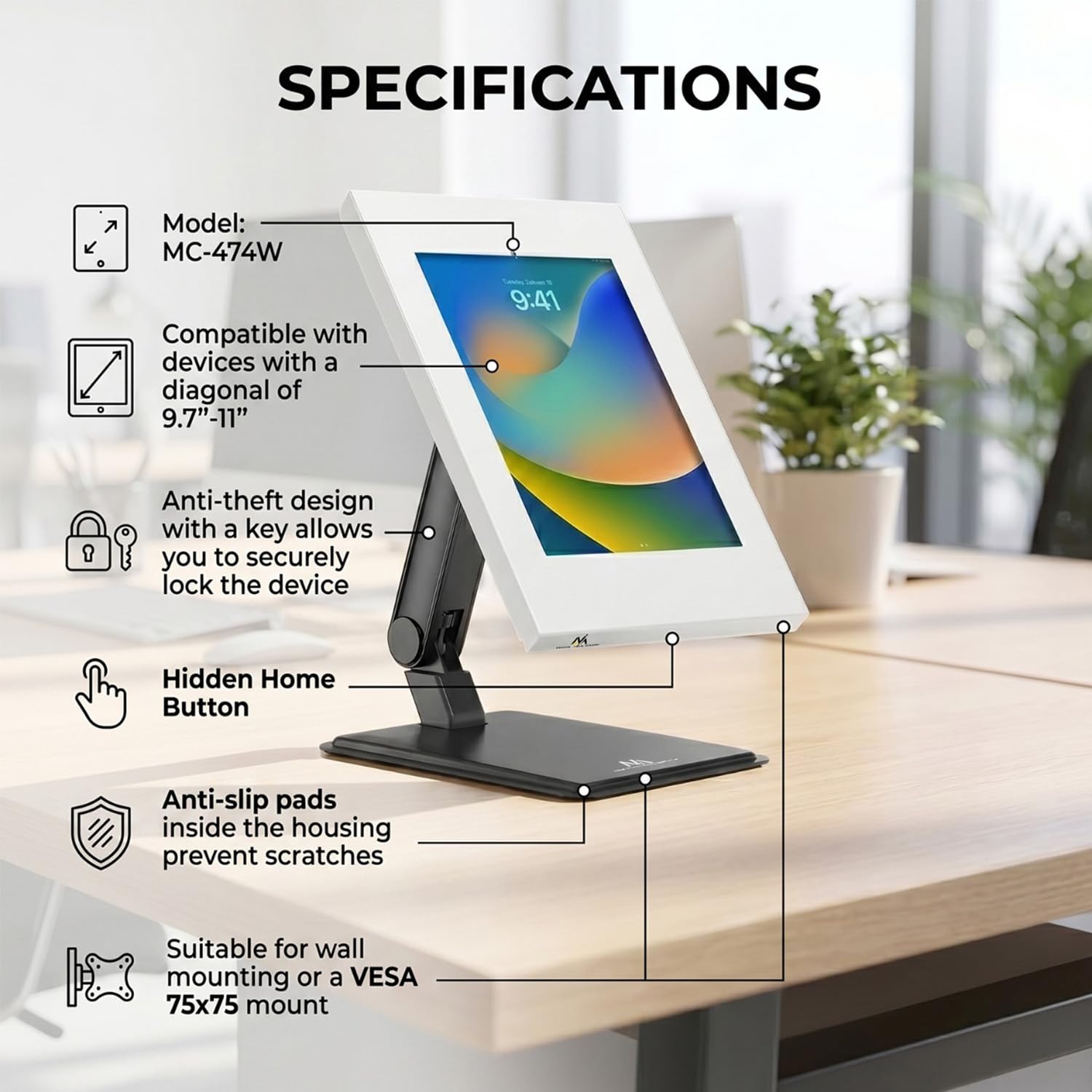 Maclean MC-474 Wall Mount for iPad and Samsung Galaxy Tab With Anti-Theft Protection, Universal 9.7"-11" Holder Compatible With Air/Pro, A/A7/S6 Lite, VESA 75
