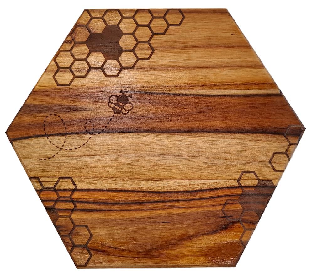 FrawstedCreations Honeycomb Hexagon Teak Cutting Board – Bee Engraved Charcuterie Serving Board, Housewarming & Wedding Gift, Solid Hardwood (Large 12
