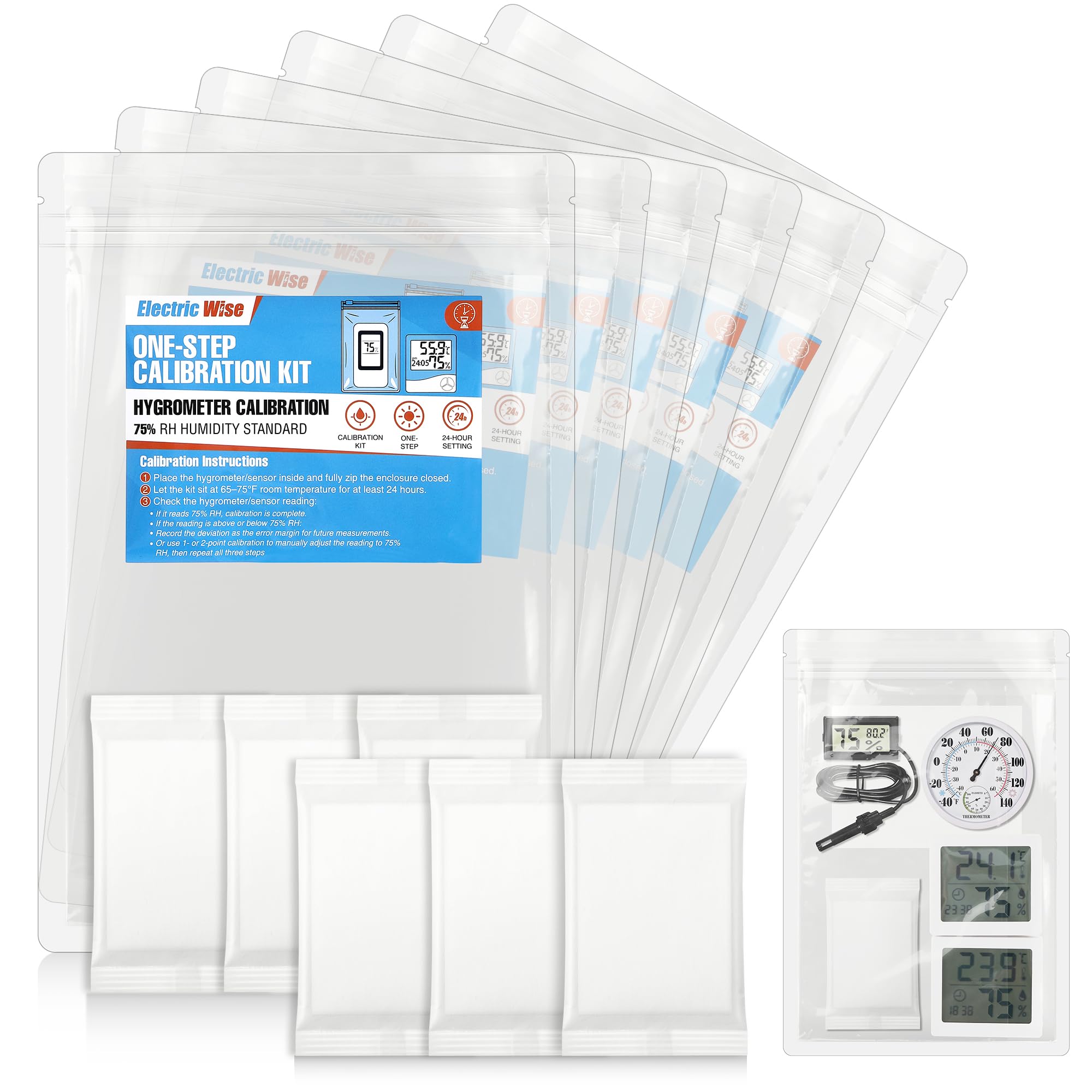 Confezione da 6 kit di calibrazione di igrometro monofase da 30 cm con controllo dell'umidità del 75% RH, pacchetti di controllo dell'umidità per igrometri e sensori digitali e analogici