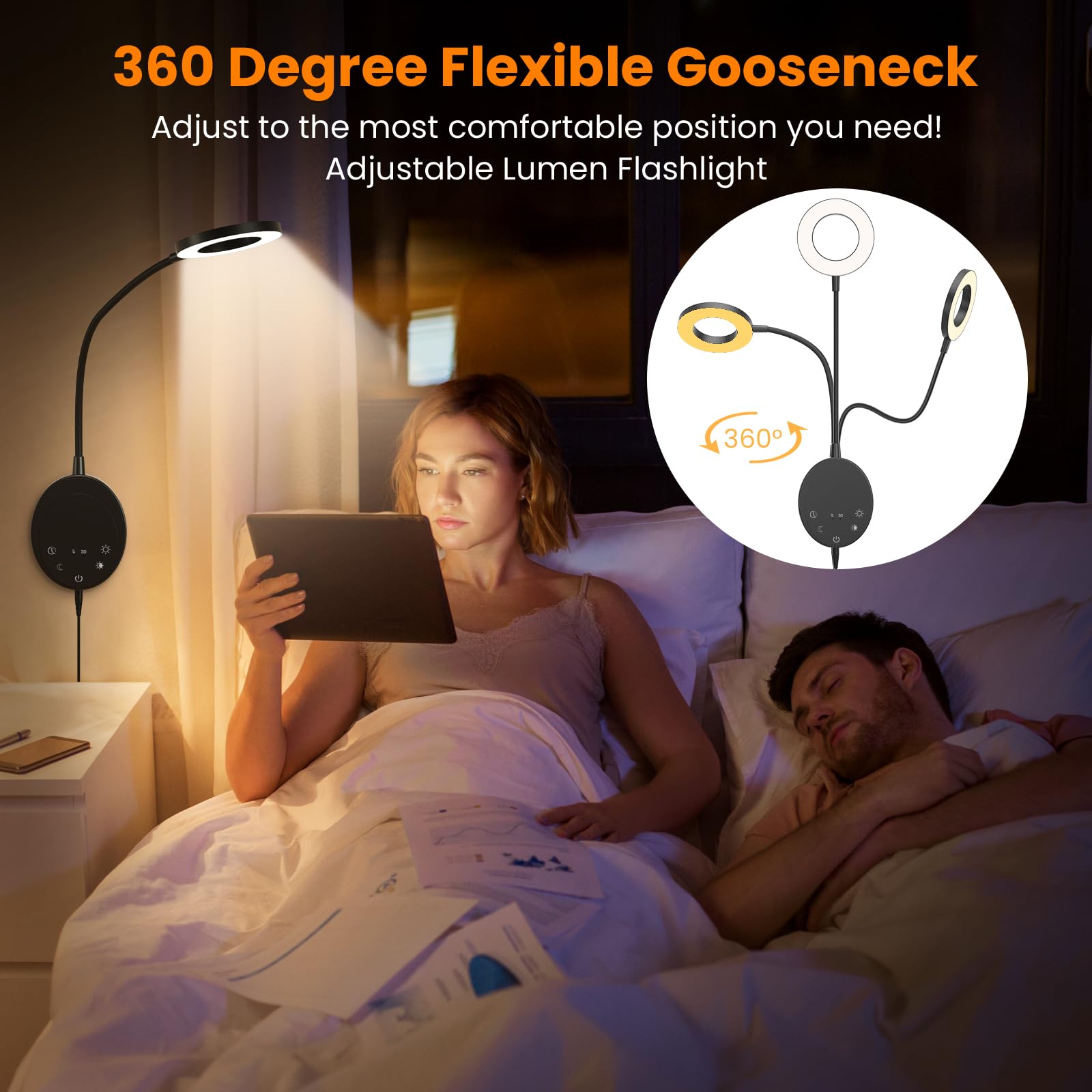 Lampada da lettura da parete, luci da comodino con 5 temperature di colore e 5 dimmerabili, collo d'oca flessibile a 360°, uscita USB, luce notturna e funzione timer, perfetta per la lettura