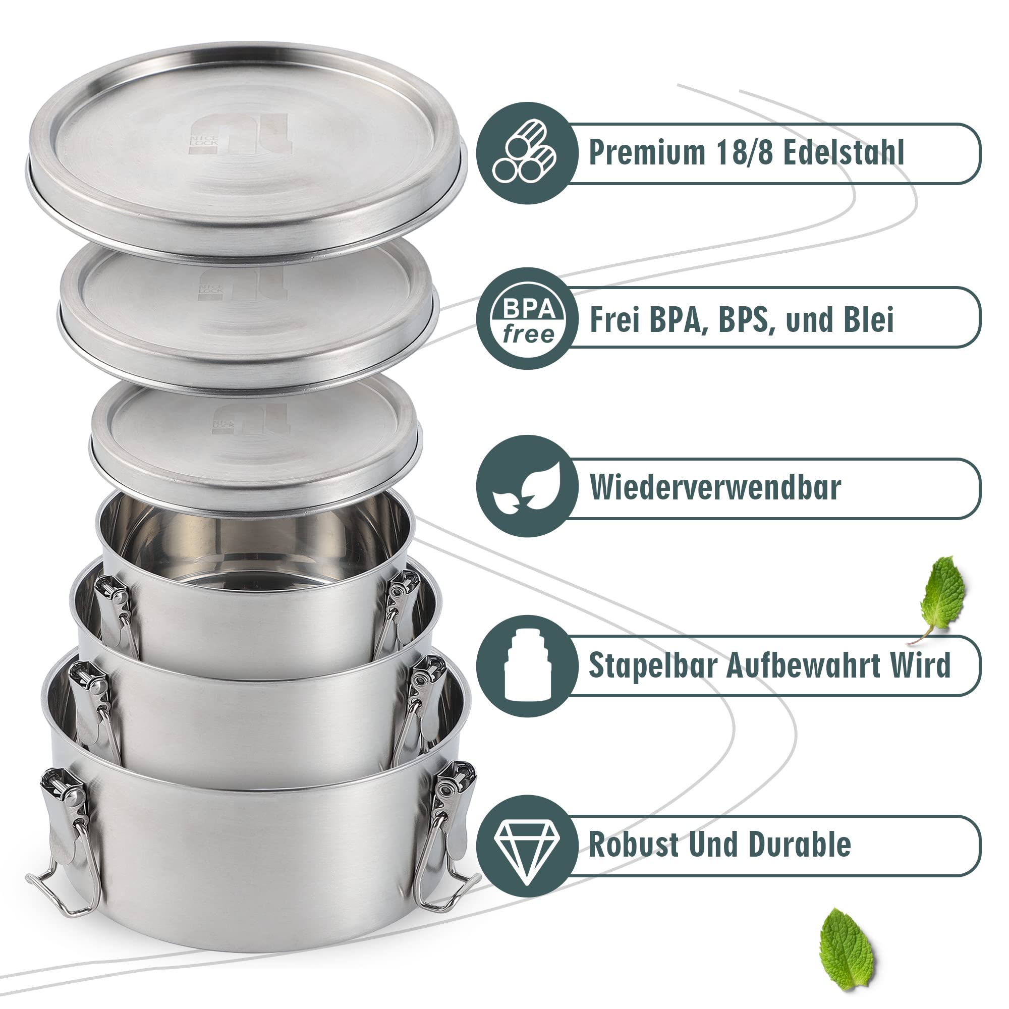 nicelock Brotdose Edelstahl(3 Stück) Erwachsenen Lebensmittelbehälter Kinder Lunchbox Edelstahl Klein Rund Dosen Geeignet für Snacks Obst, Müsli, Suppen und Hauptmahlzeiten etc.